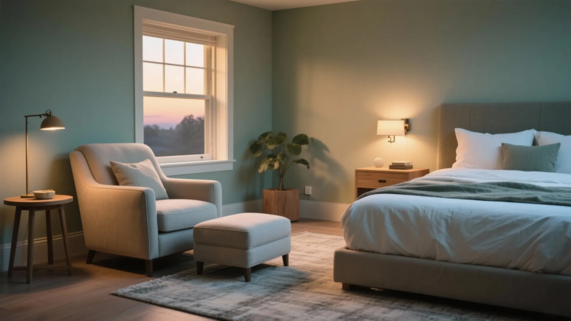 Cozy bedroom featuring green walls a grey armchair with footrest wooden bed and warm lighting