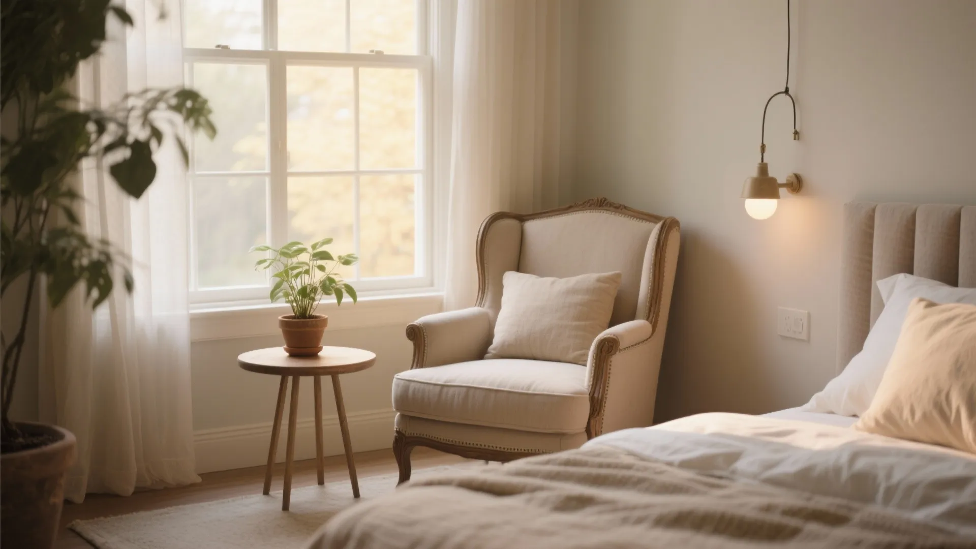 Cozy bedroom reading corner with a classic armchair small wooden table wall light and green plant