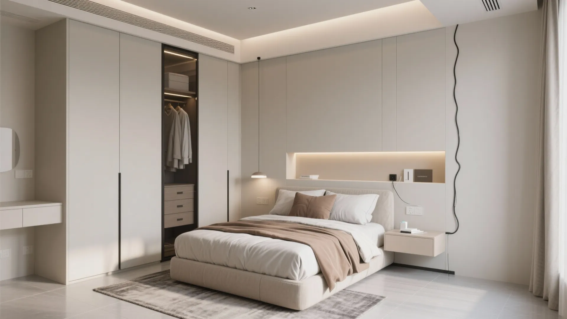 Modern beige bedroom with white wardrobe wall panel and bed on soft grey floor rug