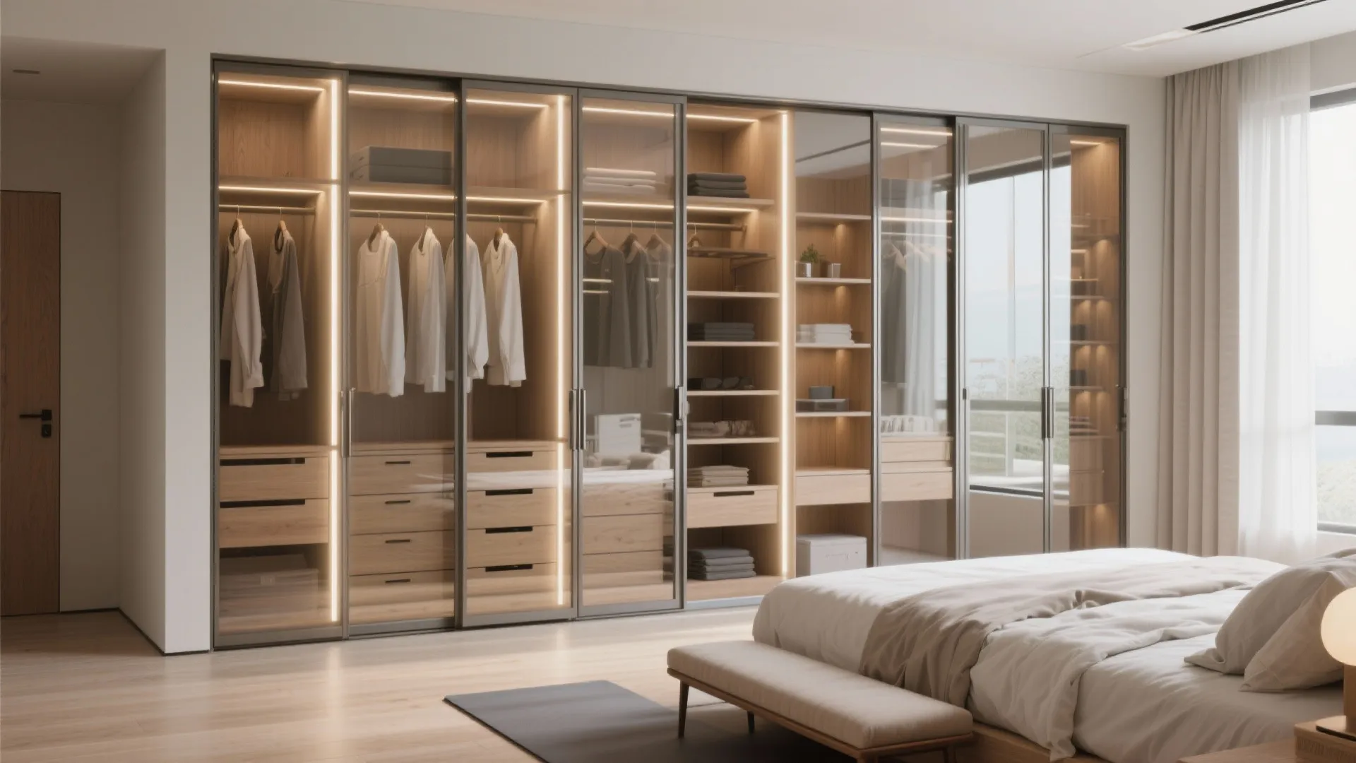 Bedroom storage walls with sliding doors
