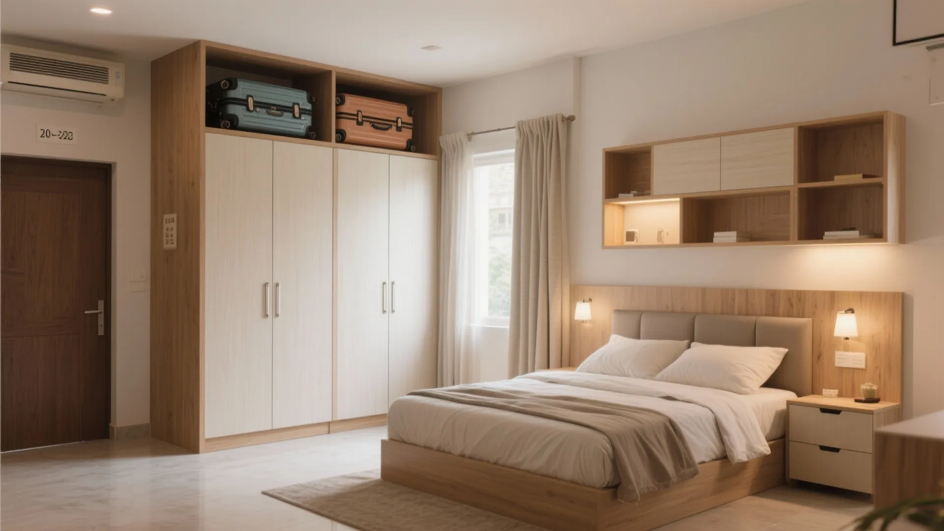 Neutral bedroom with wooden bed white tall cabinets wall shelves curtain and two bedside lights
