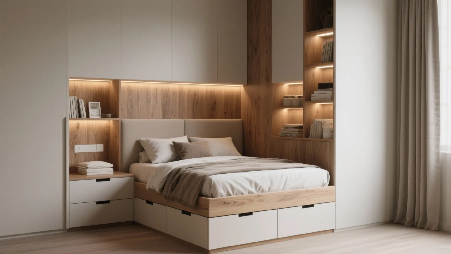 Close-up of built-in headboard storage and under-bed drawers in a compact bedroom.