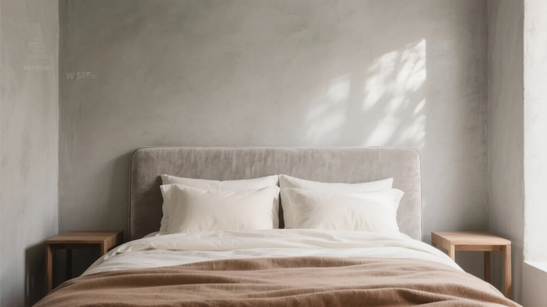 Minimalist bedroom featuring grey headboard white pillows brown blanket wooden side tables and natural sunlight shadows