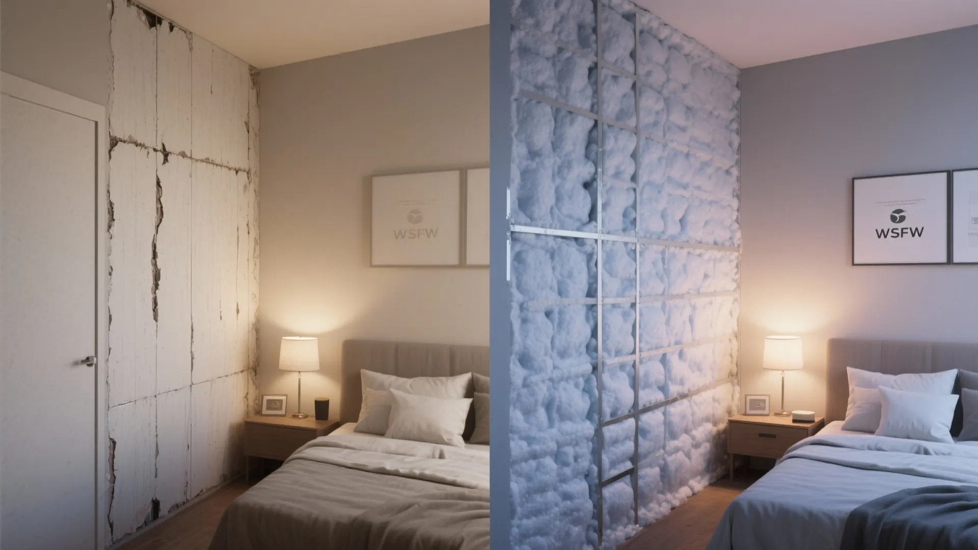 Split view comparing a regular bedroom wall and a wall with thick white foam insulation