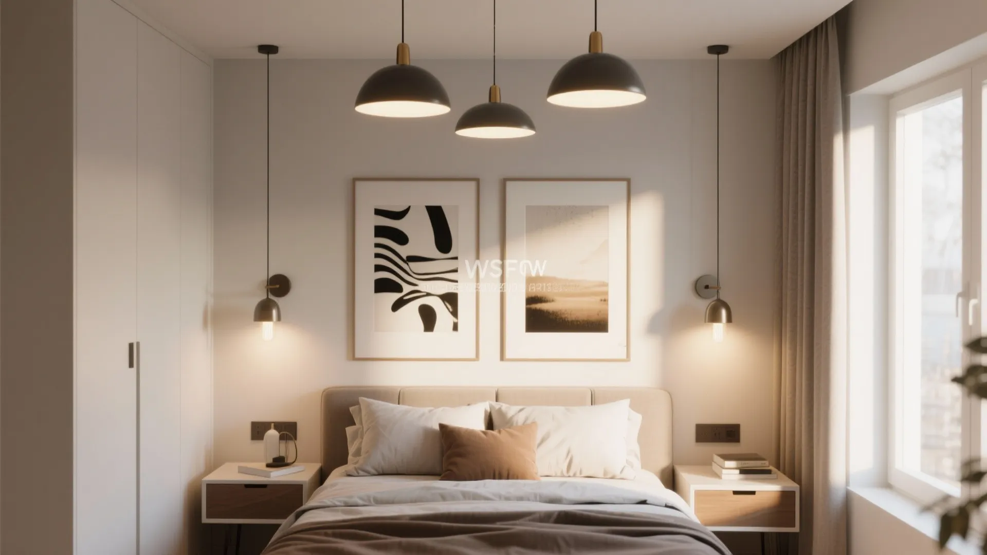 Small bedroom with sleek statement pendant and wall lights