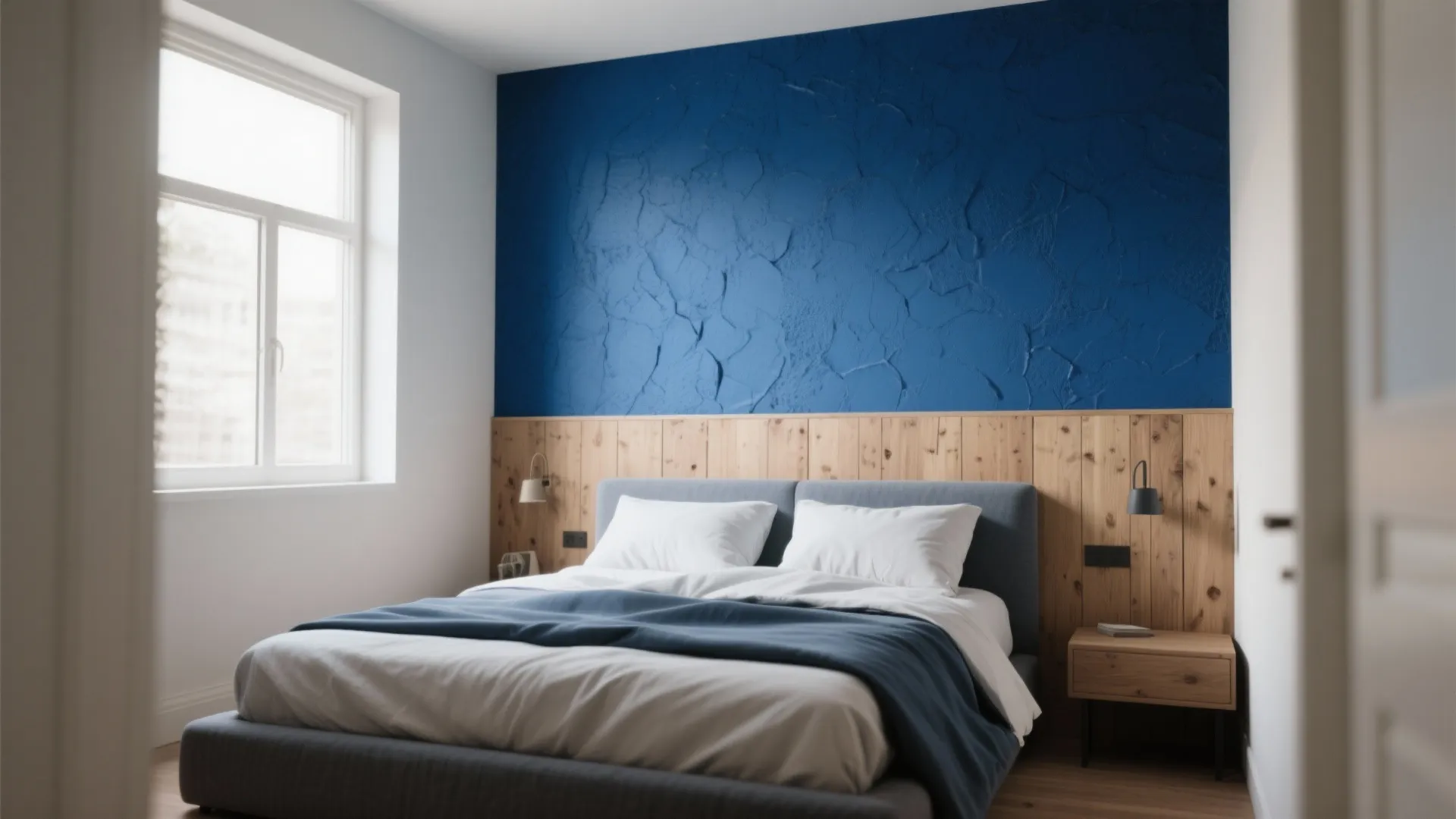 Small bedroom with deep blue statement wall behind the bed