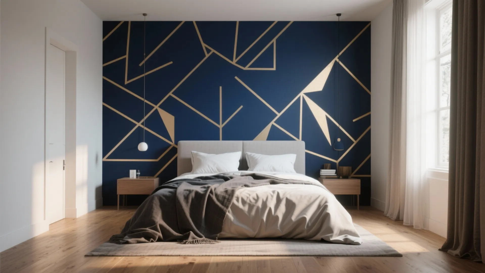 Modern bedroom featuring a dark blue wall with gold patterns and white bedding on wooden