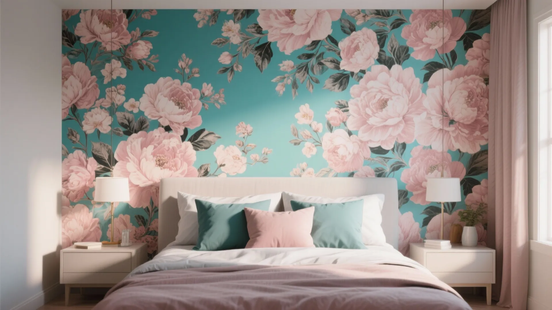 Bedroom featuring a floral wallpaper wall with pink flowers, white nightstands, and matching table lamps