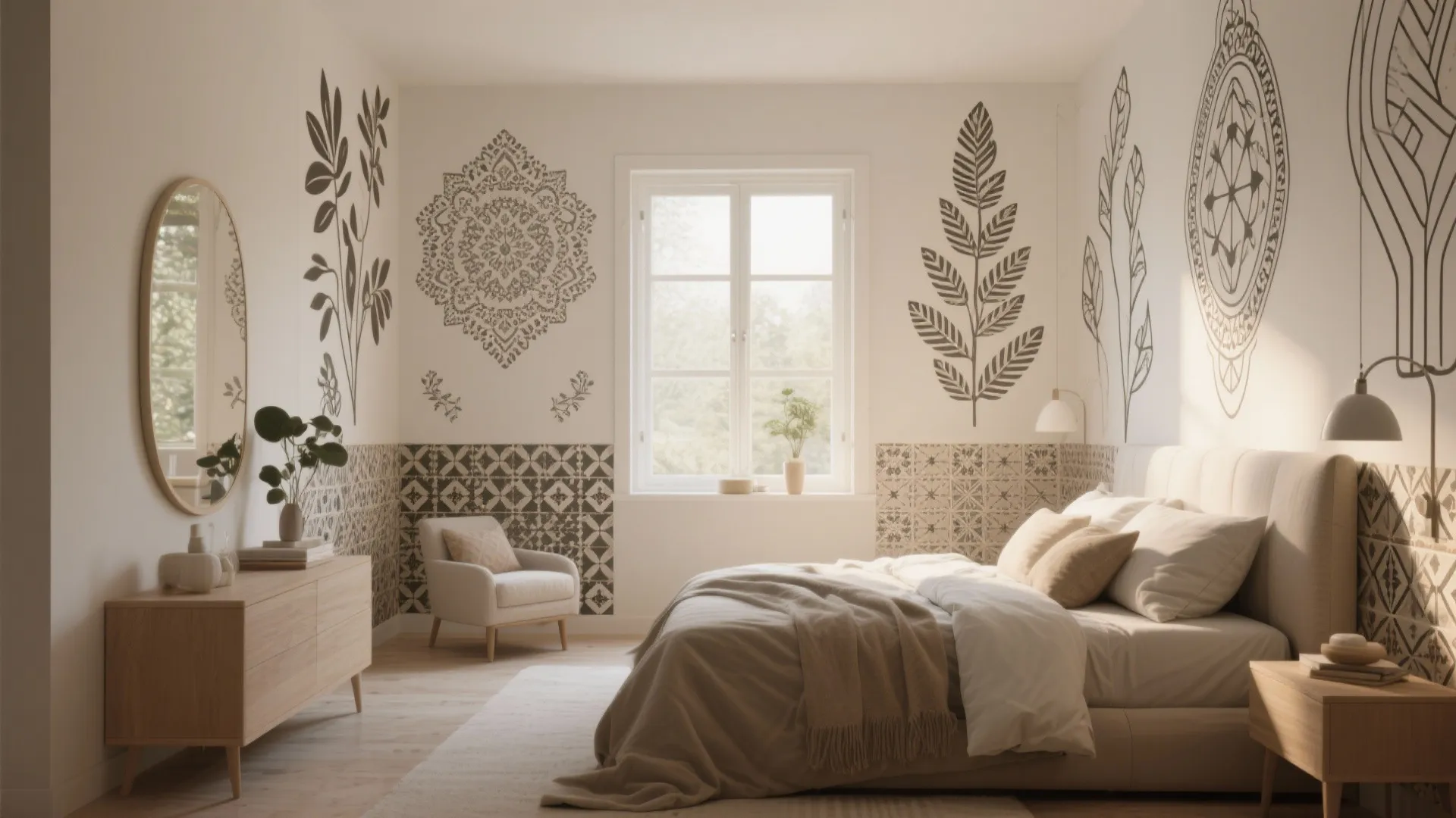Cozy bedroom featuring wall patterns, wooden dresser, white bed, armchair, and window with natural light