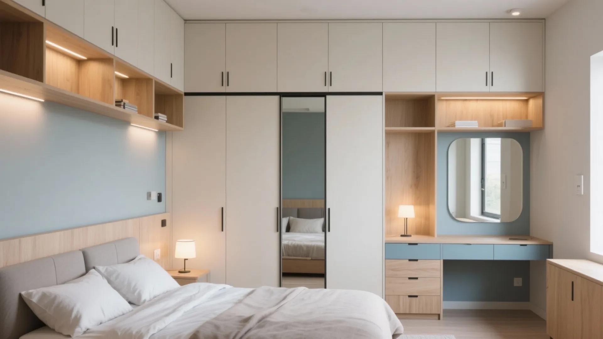 Modern bedroom with large white storage cabinet, light blue wall, cozy bed, and small desk