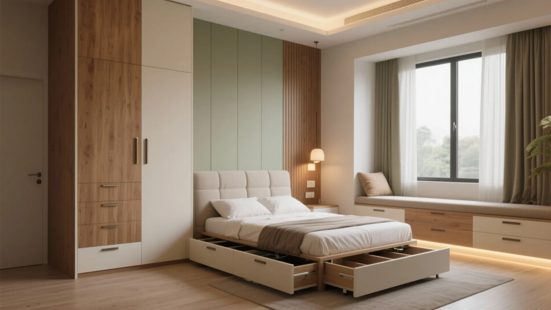 Smart bedroom storage: platforms, wardrobes, and bay seating