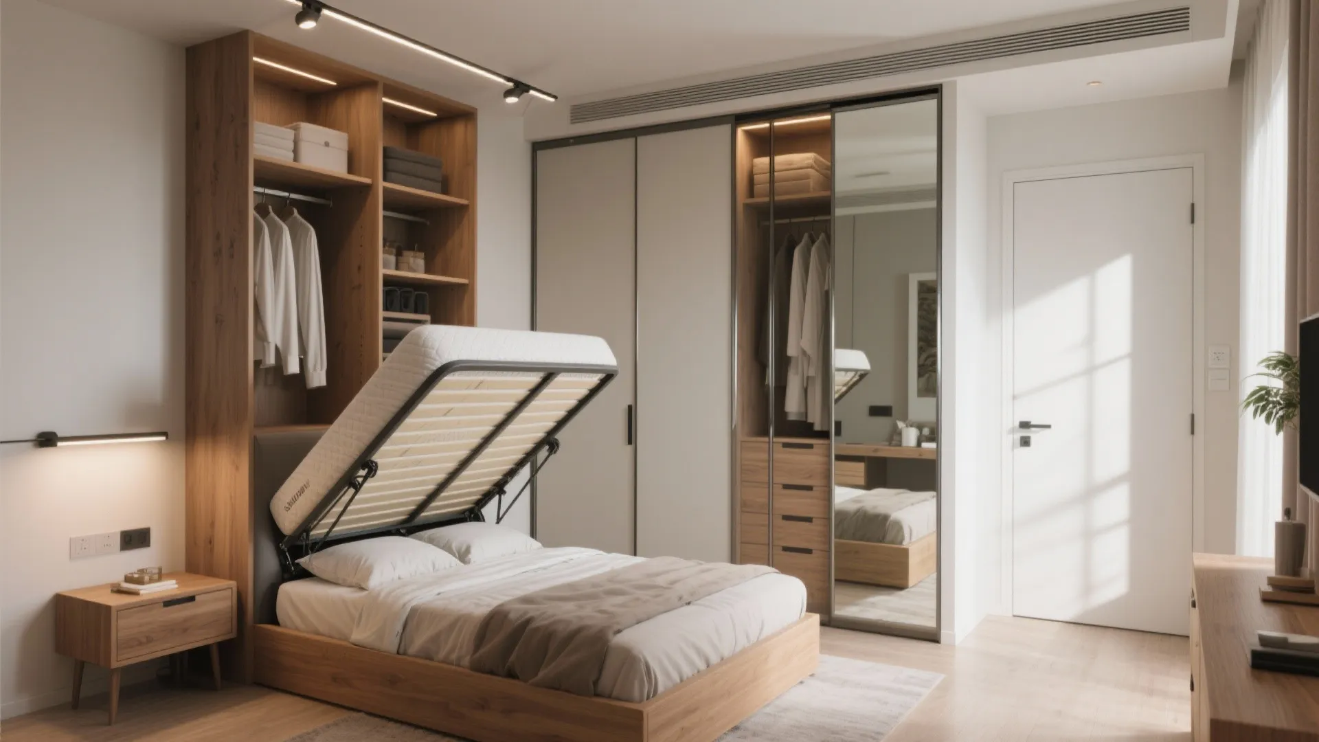 Flexible bedroom: storage bed + sliding wardrobe