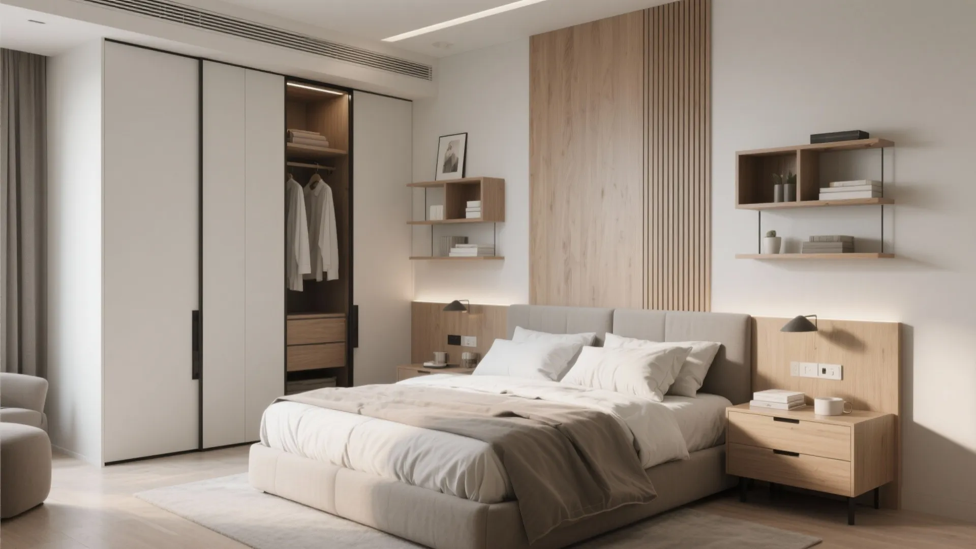 Modern couples’ bedroom with sliding wardrobes and vertical storage designs