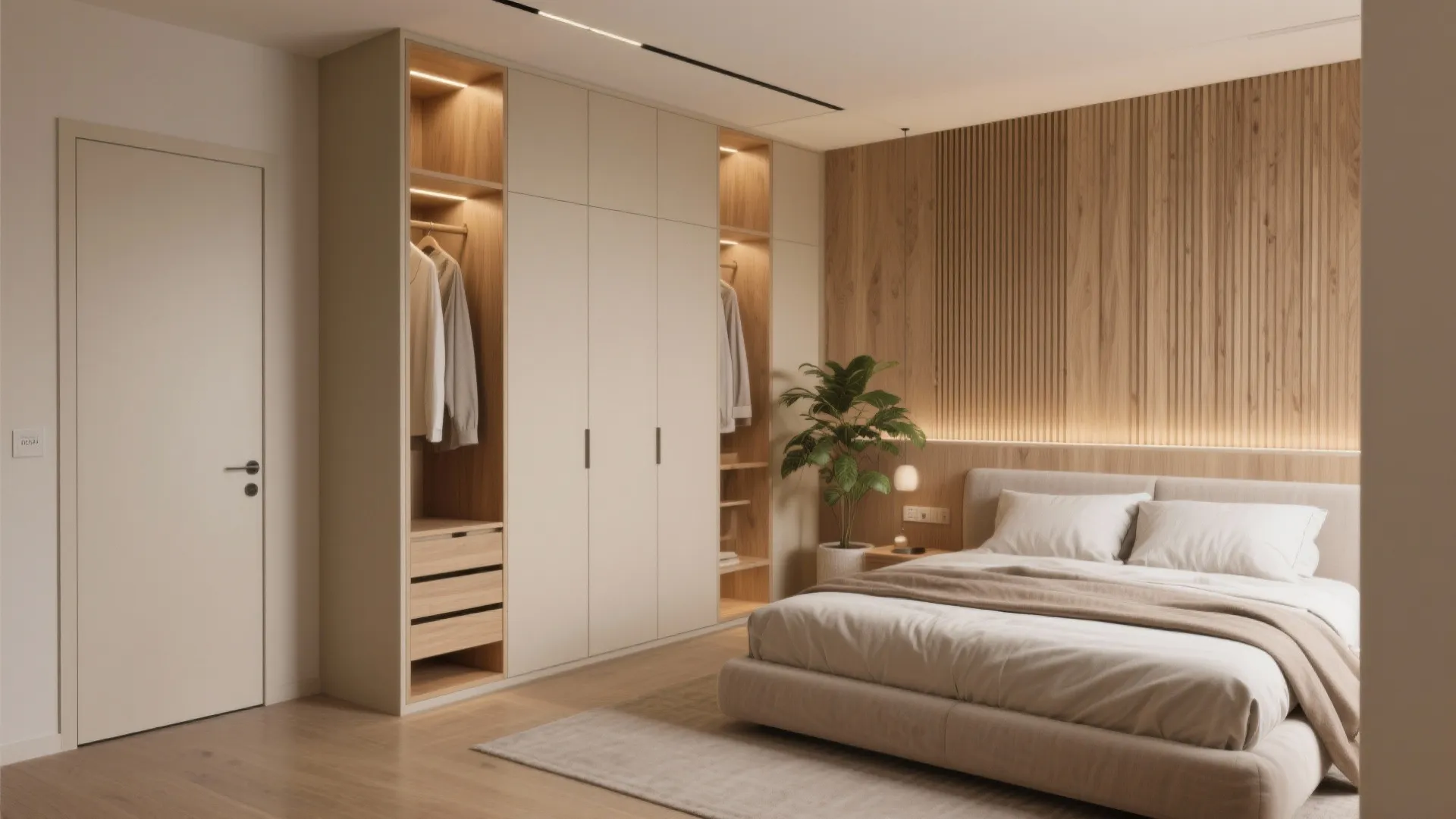 Bedroom storage walls with warm wood accents