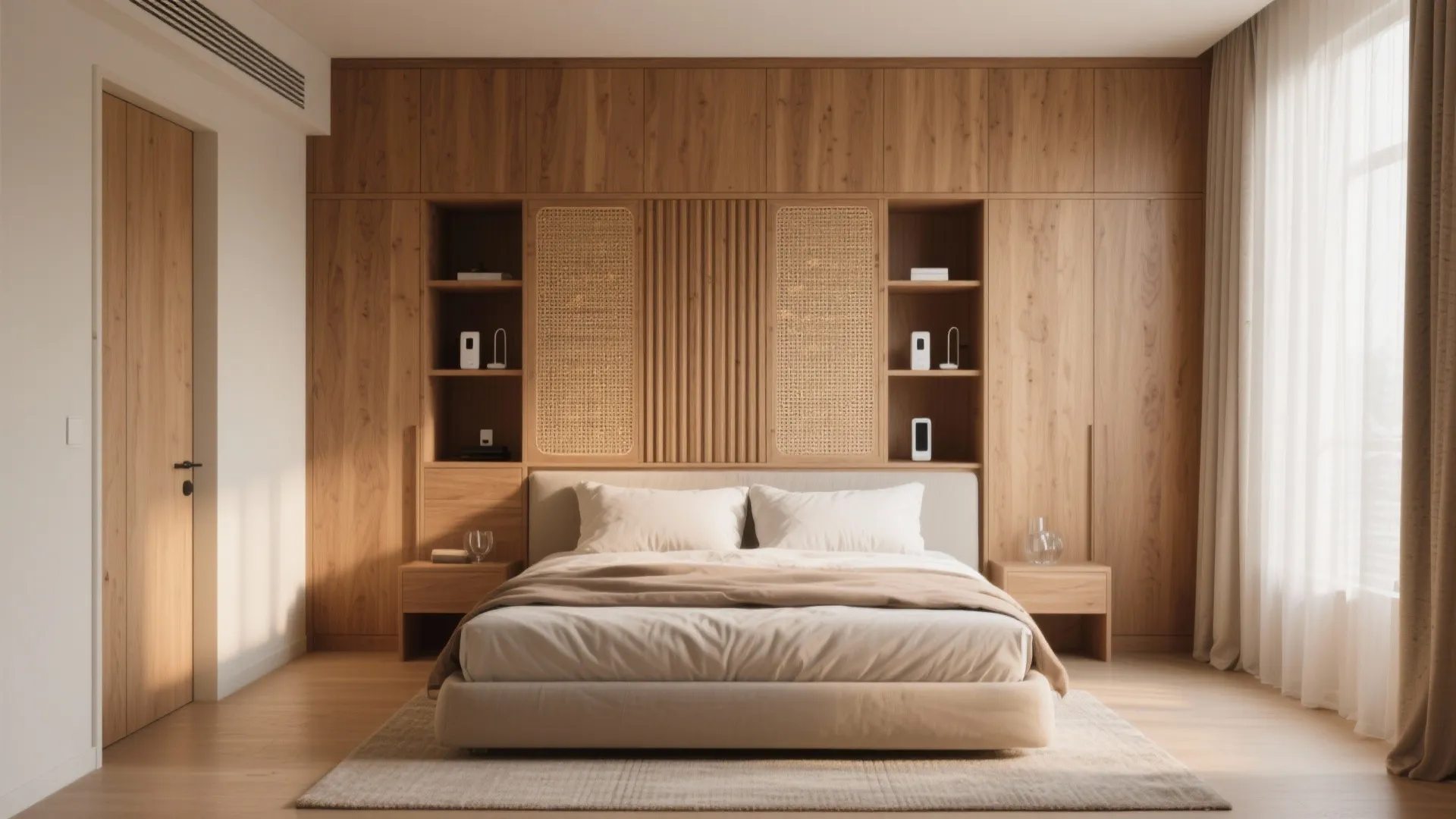 Bedroom storage walls with warm wood accents