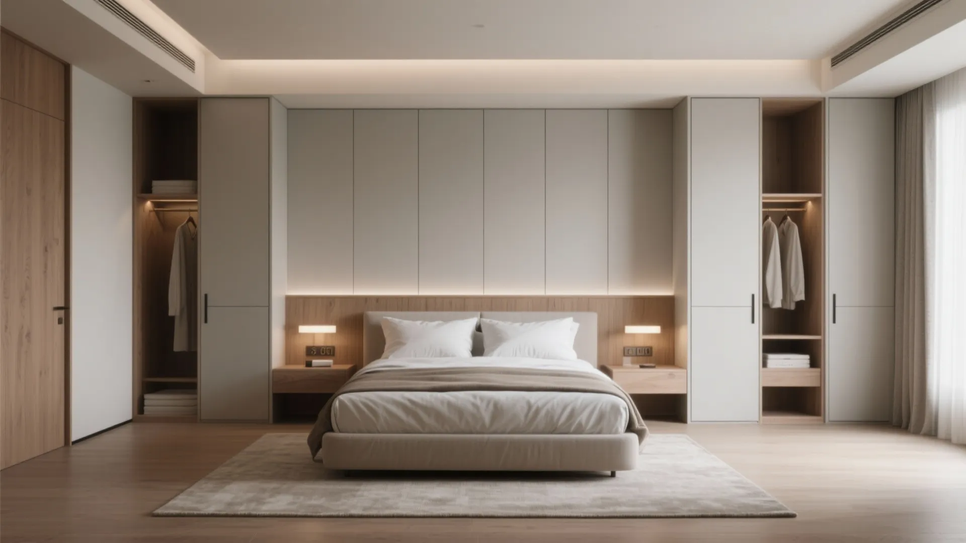 Minimalist bedroom featuring integrated wall cabinet storage wood headboard and warm lighting behind the bed