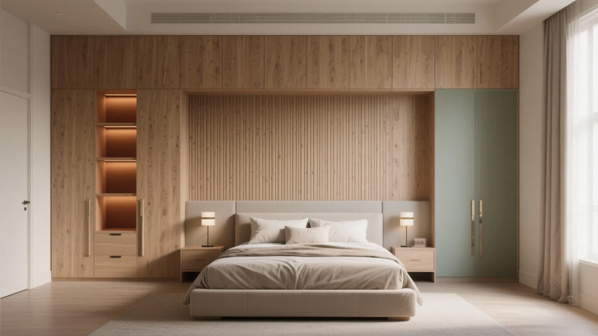 Bedroom Storage Walls with Warm Wood Accents