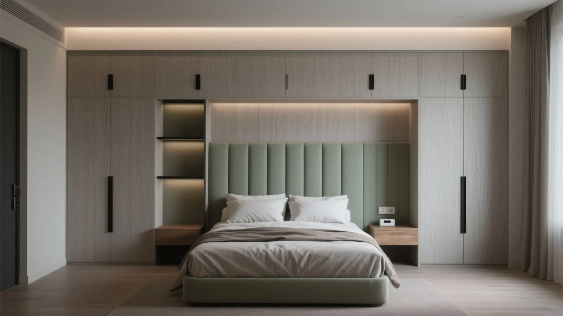 Bedroom Storage Walls With Calm Colors