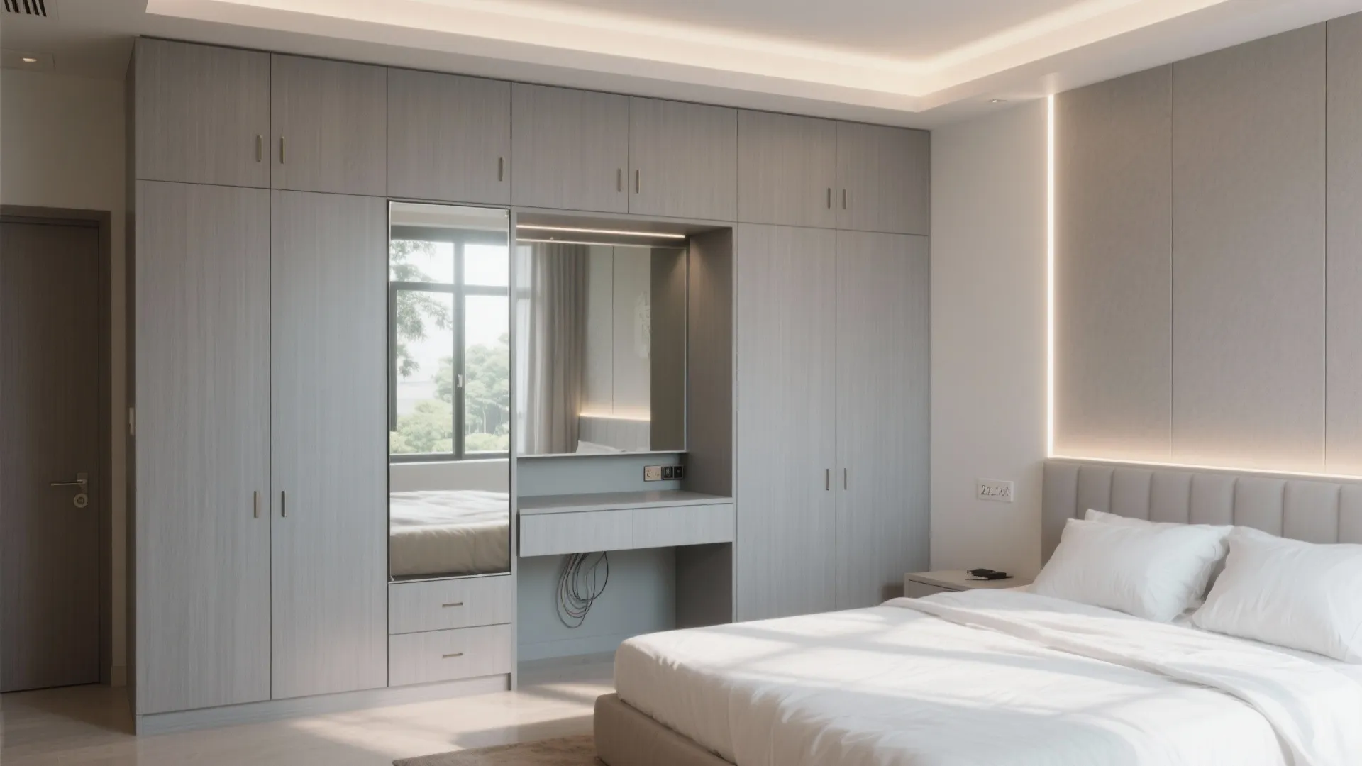 Bedroom storage walls with concealed desks