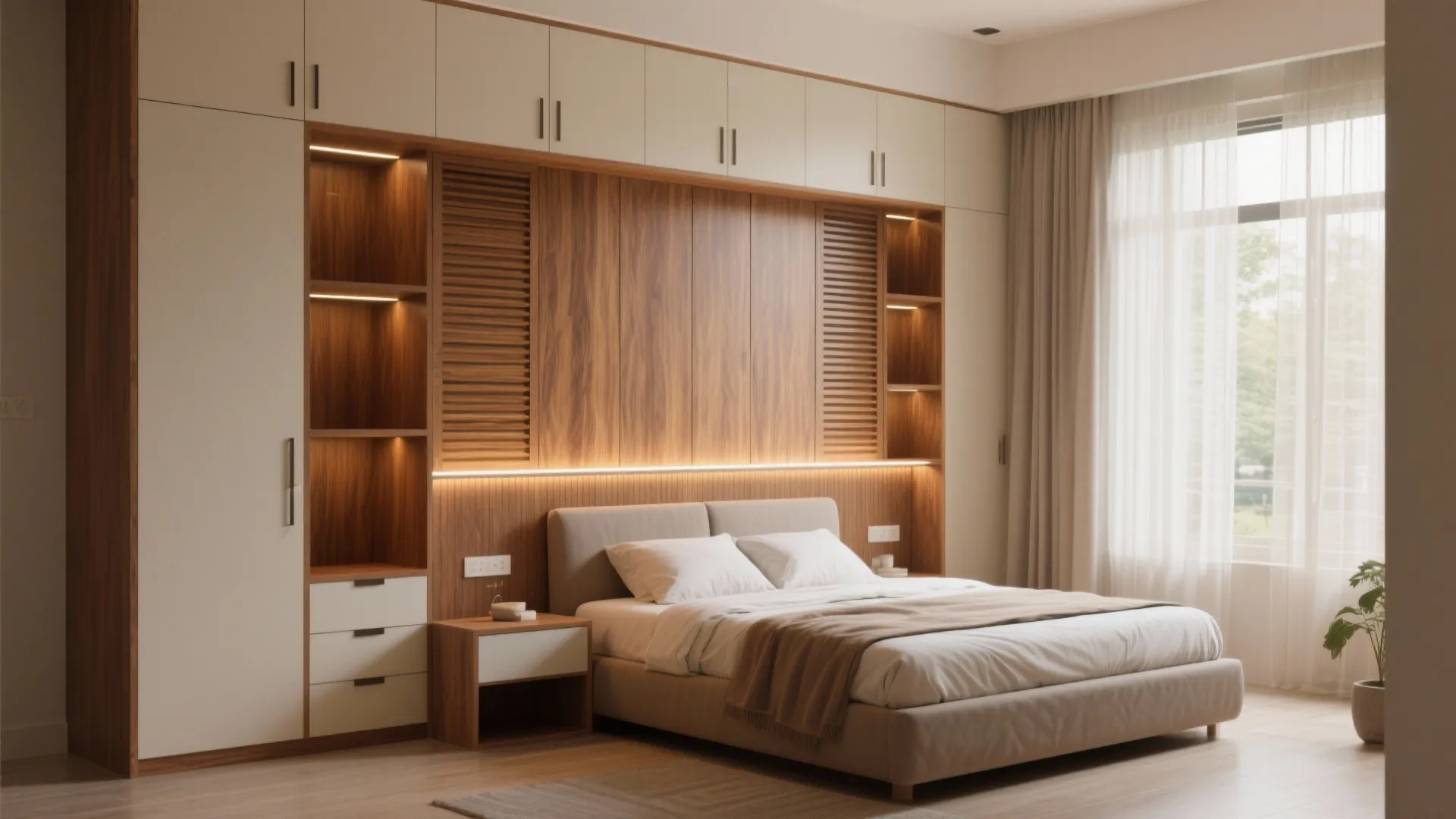 Bedroom Storage Walls with Warm Wood Accents