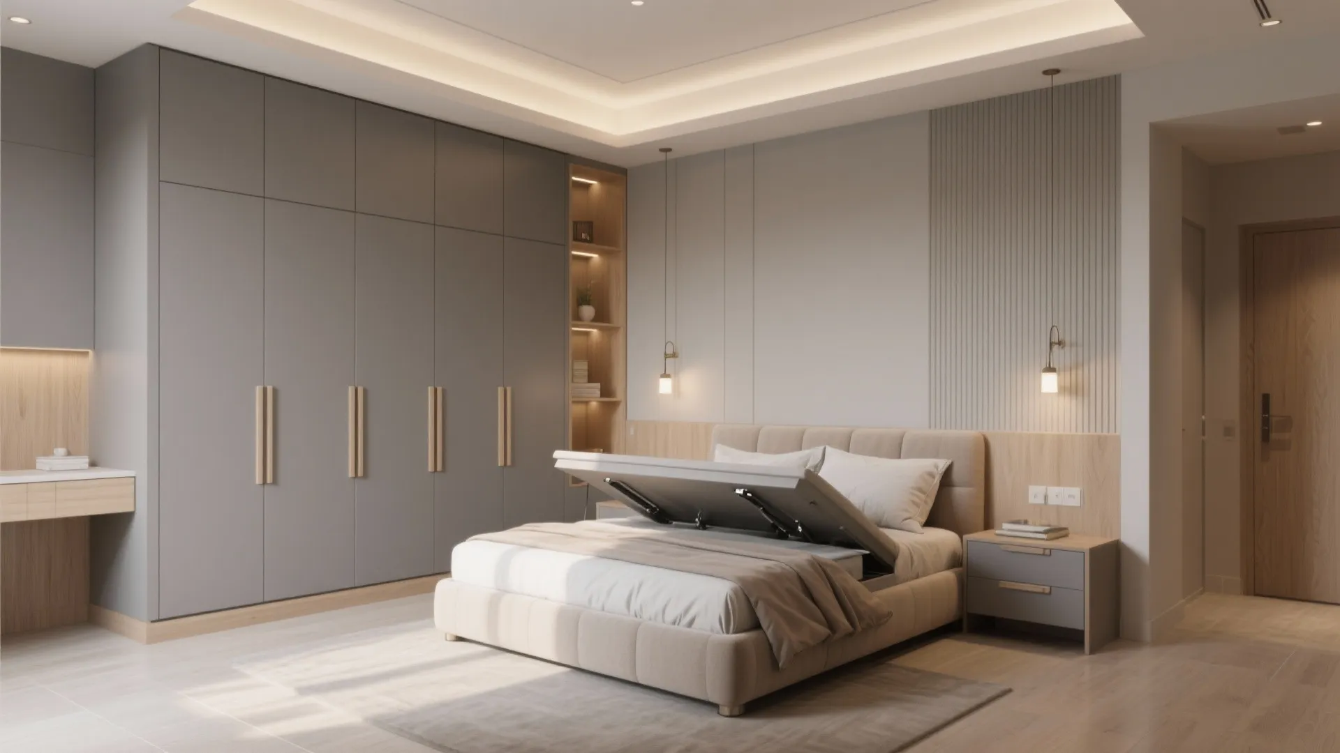 Minimalist bedroom featuring large grey storage cabinet wall and lifted bed base for extra hidden storage