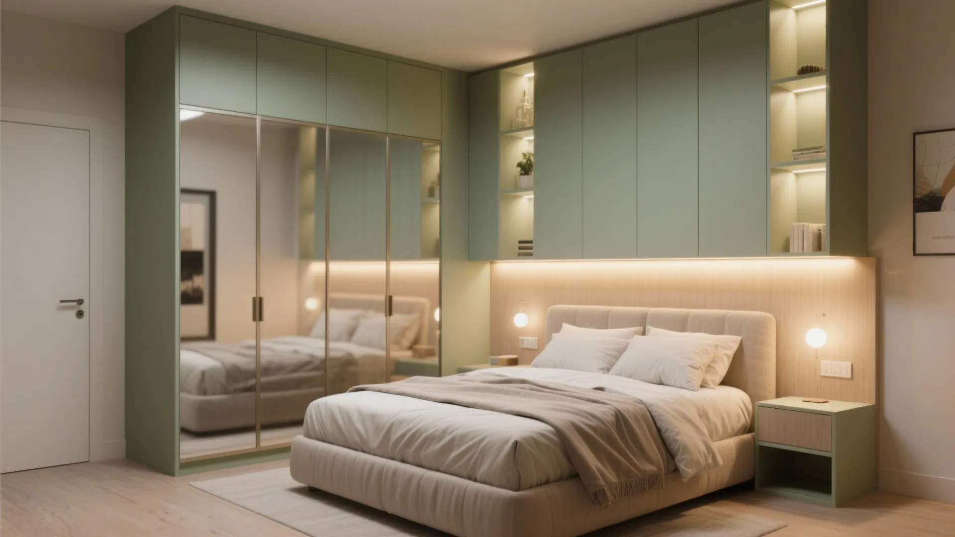 Modern bedroom with green built-in wardrobes, mirrored doors, soft double bed, and warm hidden lighting