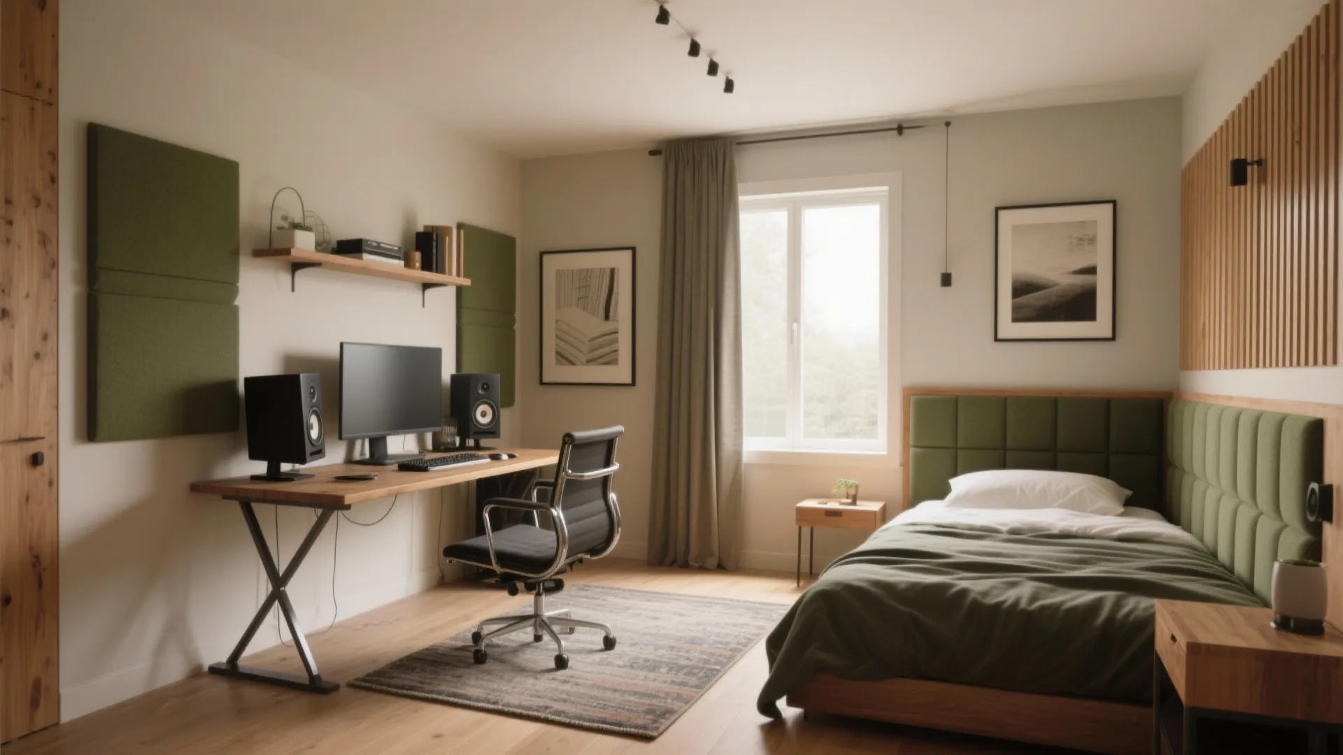 Small bedroom studio with green bed wood desk black chair window and soft natural light