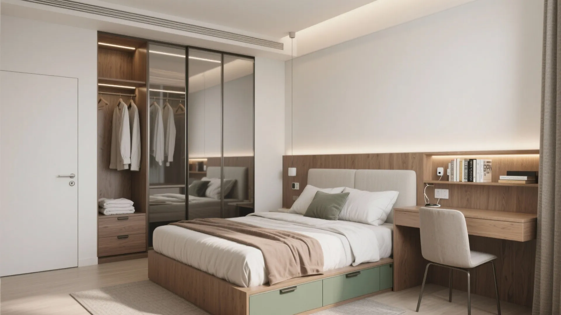 Space-Savvy Bedroom Suite: Sliding Wardrobes, Underbed Storage, and a Pocket Study