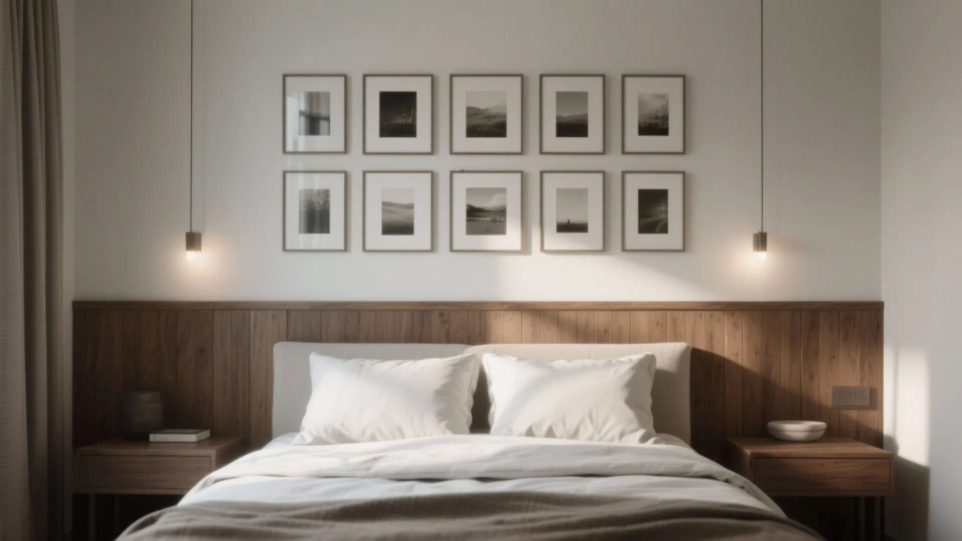 Modern bedroom with wooden wall panel, ten picture frames, white pillows, and hanging light fixtures