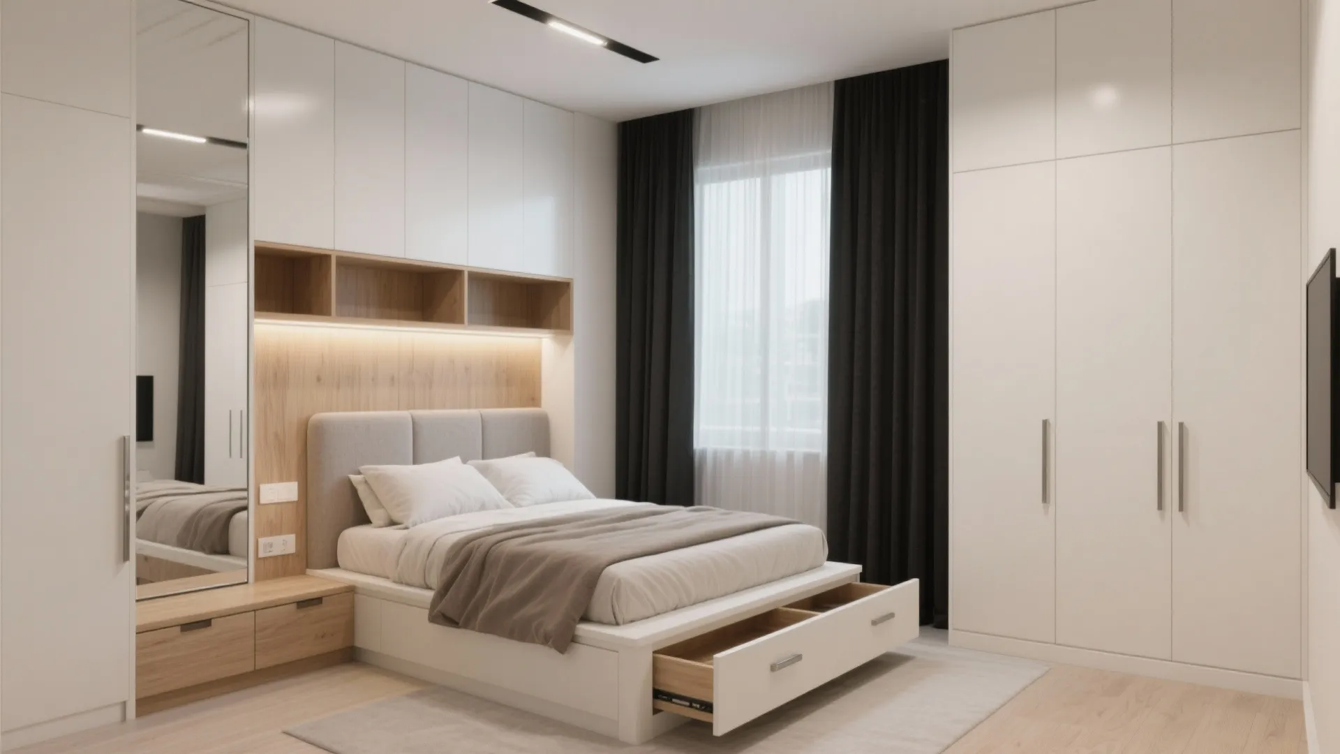 5) Bedroom systems: platform beds, loft wardrobes, and soft acoustics