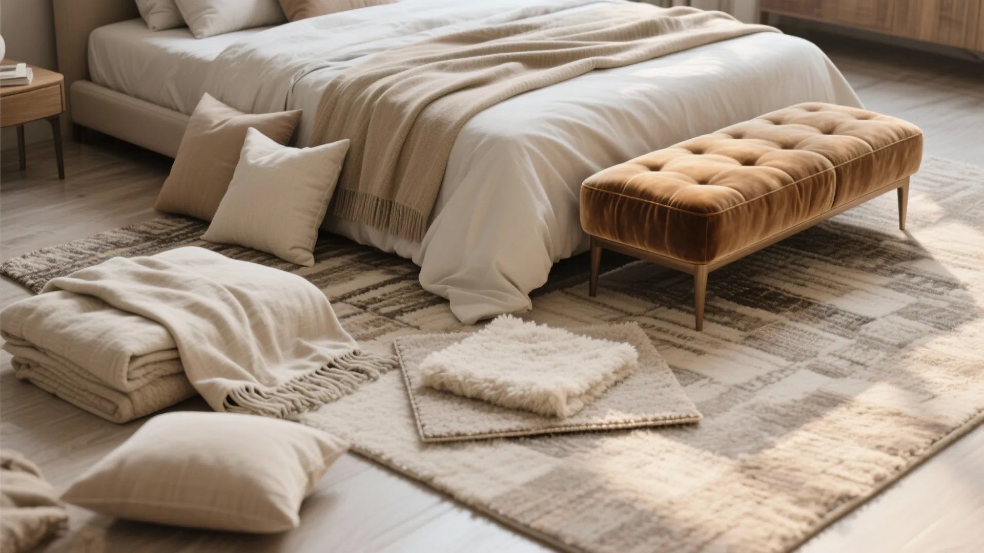 Modern bedroom featuring a brown footrest cream pillows patterned rug and soft white bed sheets
