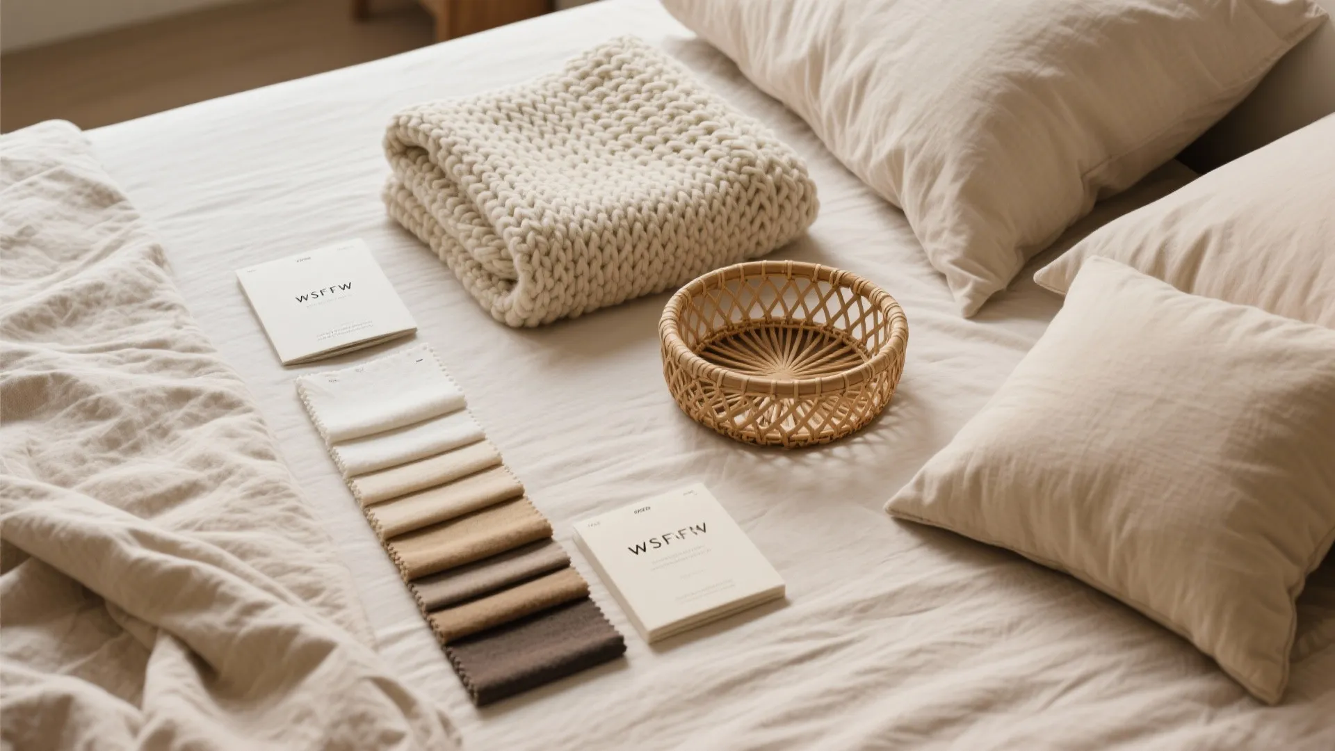 Beige bedroom textiles with fabric samples and a woven basket placed on a white bed