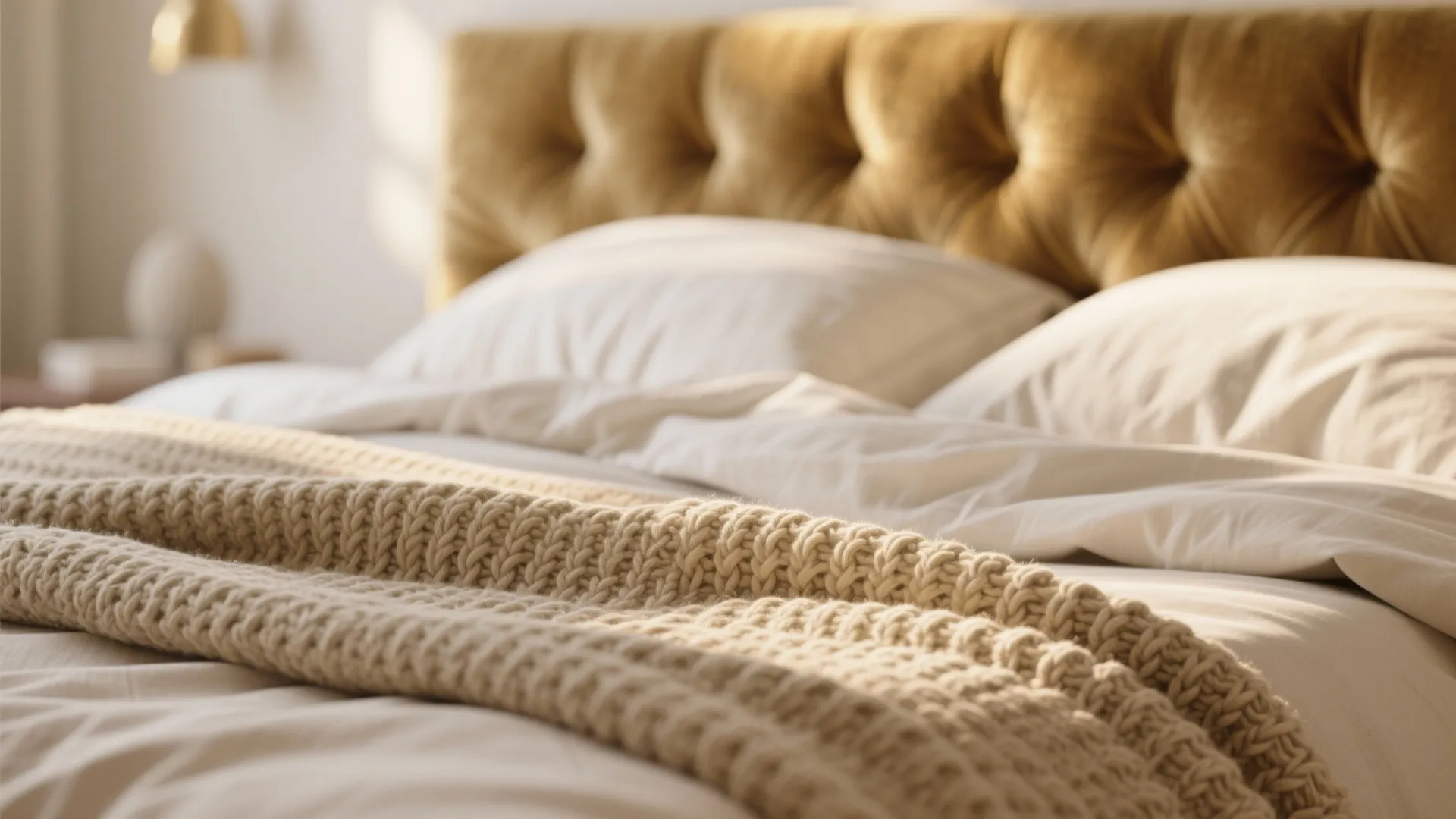 Close up of a bed with white sheets and a beige knitted blanket plus headboard