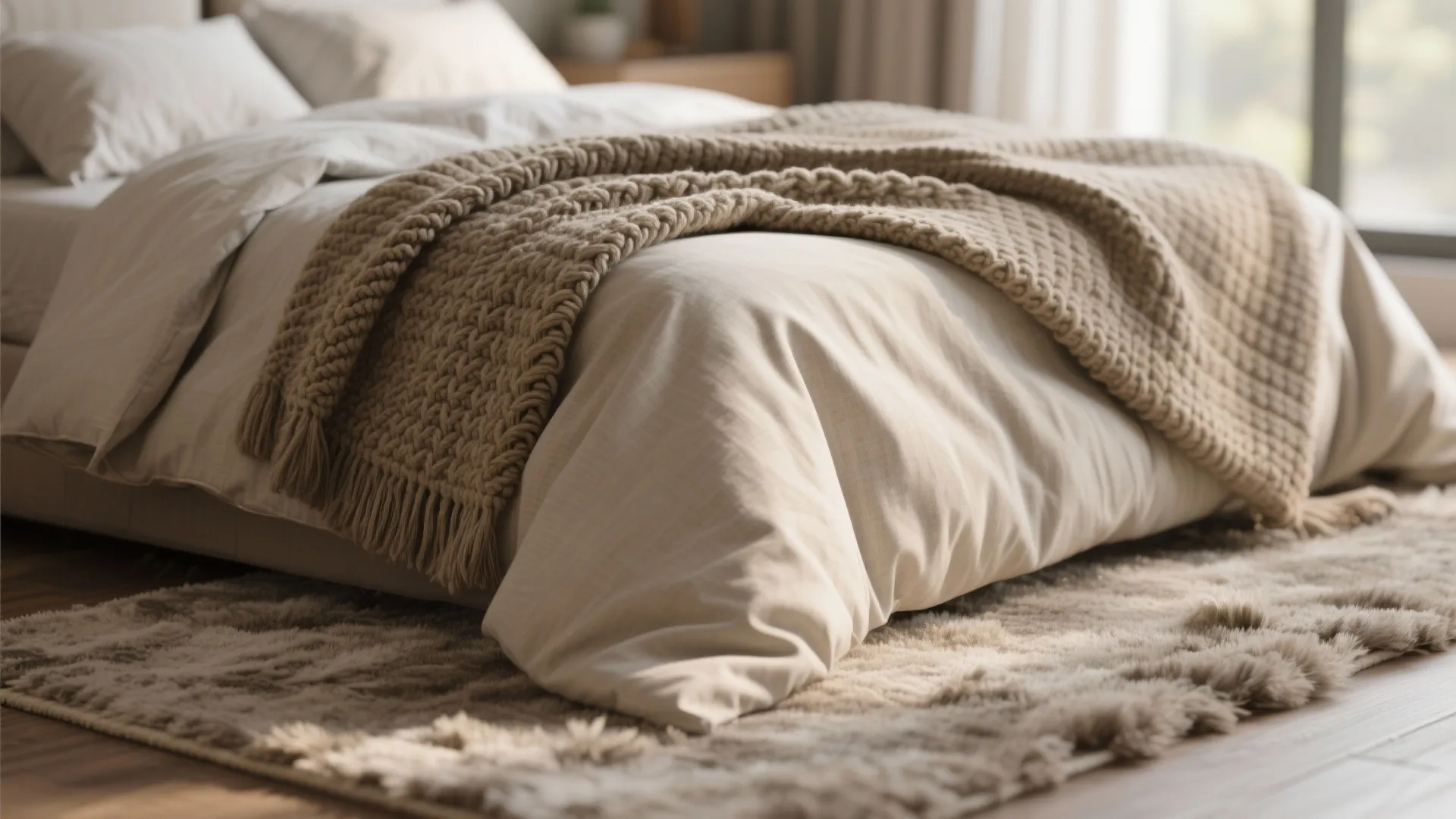Close up of bedroom bed with woven blanket soft rug wooden floor and warm natural light