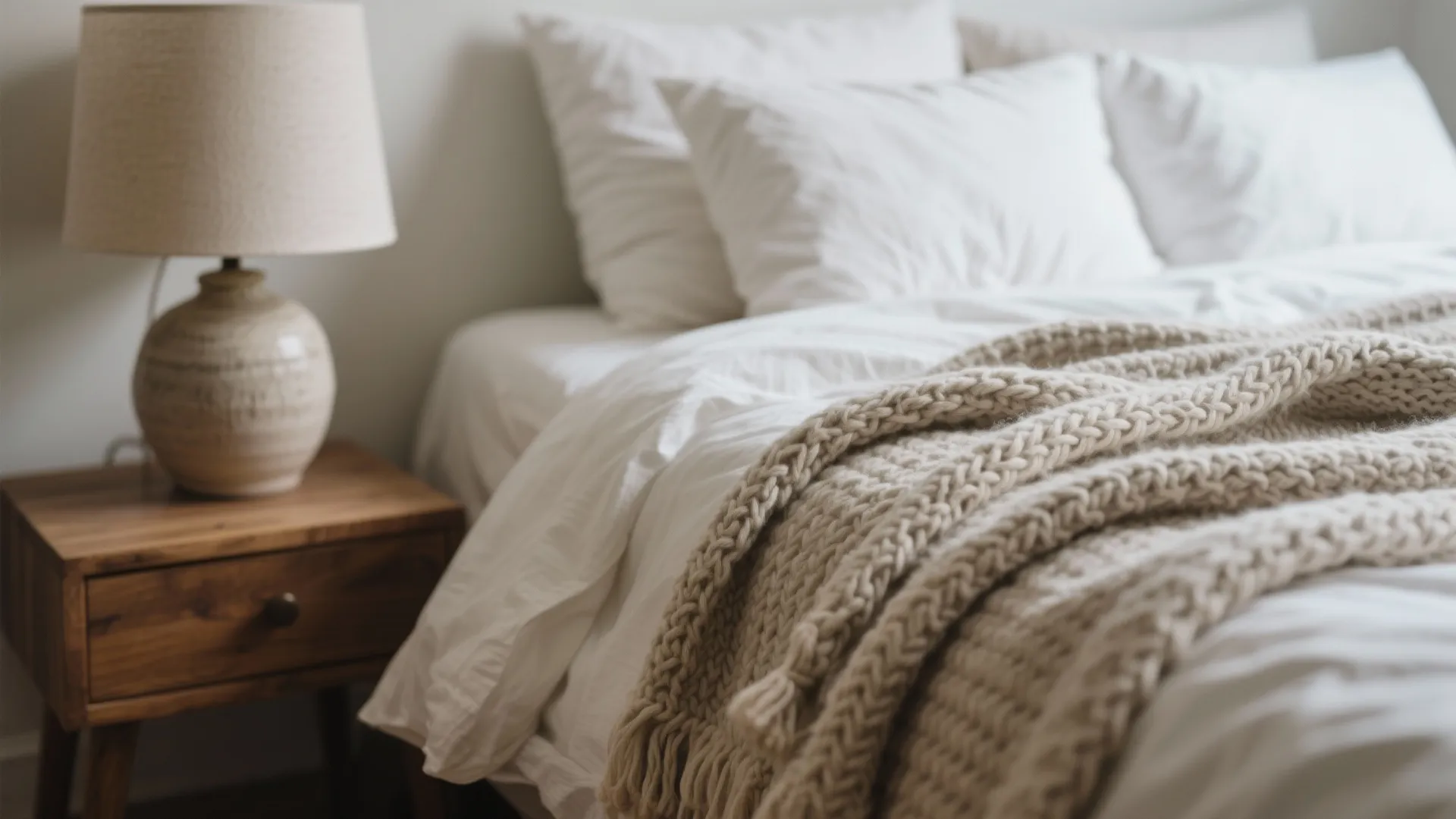 Cozy bedroom featuring white pillows, thick knit blanket, wooden nightstand, and a small table lamp