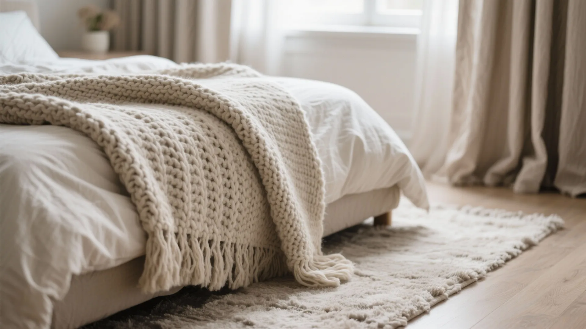 Close up of a bed with a thick knitted blanket and a soft textured floor rug