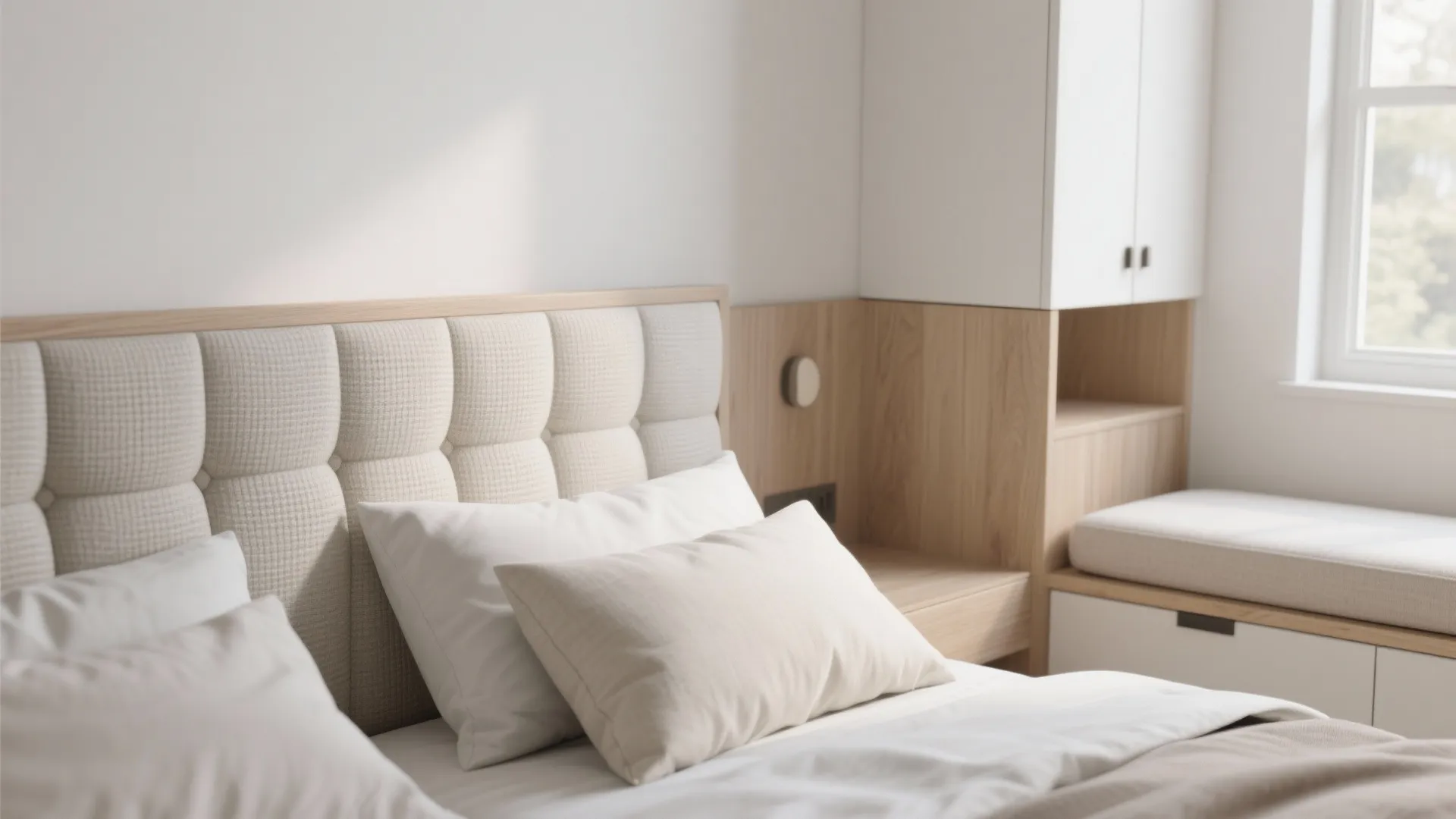 Master bedroom calm: wardrobes, bay seating, and warm textures