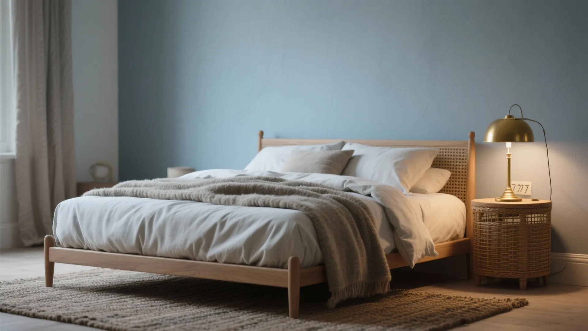 5. Layering Textures Around a Blue-Grey Bedroom Wall