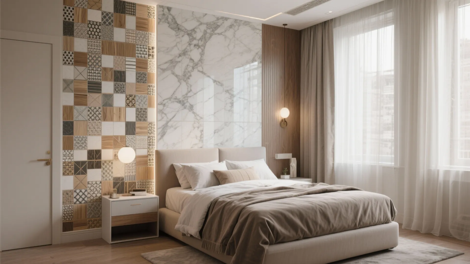 Modern bedroom with decorative wall tiles marble panel white bed side table and bright lights