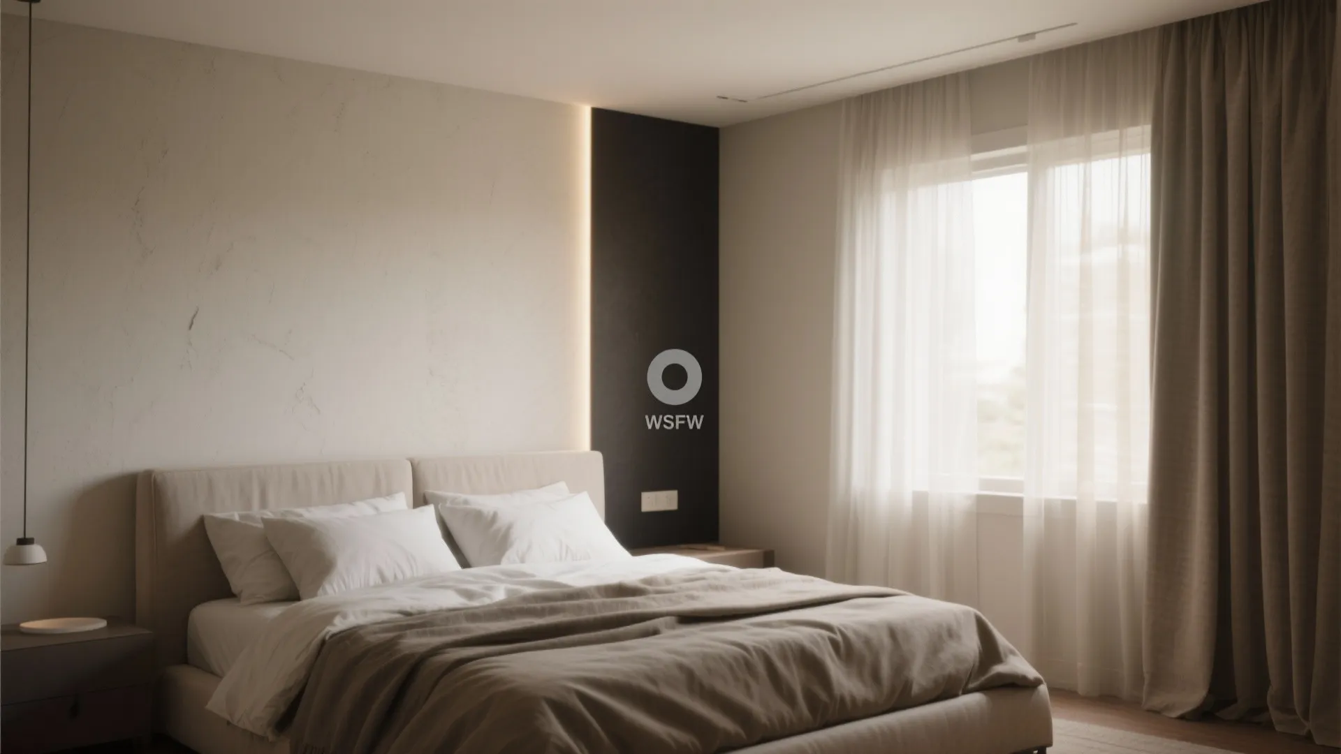 Minimalist bedroom interior design with comfortable bed white pillows beige curtains and soft wall lighting