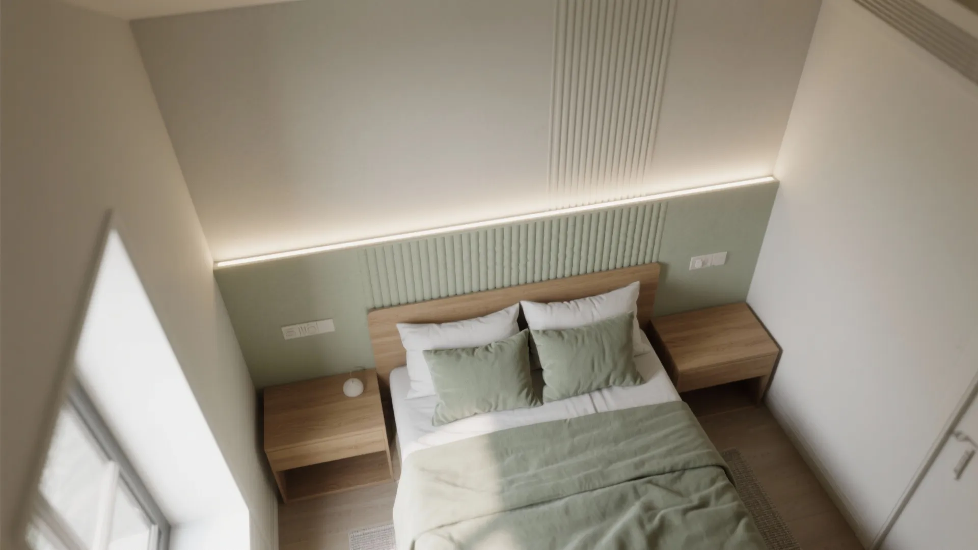 Top view of a cozy bedroom with green bedding wooden side tables and warm wall lighting