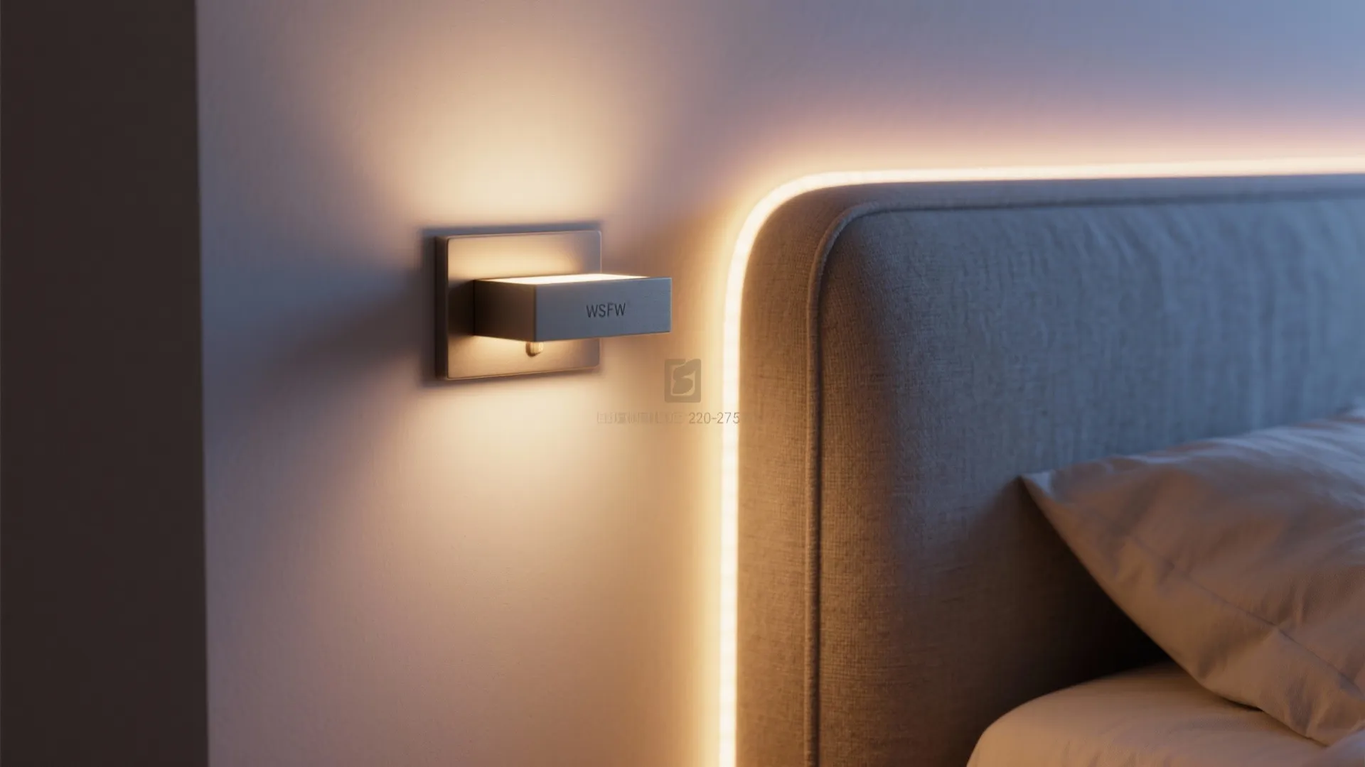 Close-up of warm sconce and tunable headboard strip creating a circadian-friendly bedroom glow.