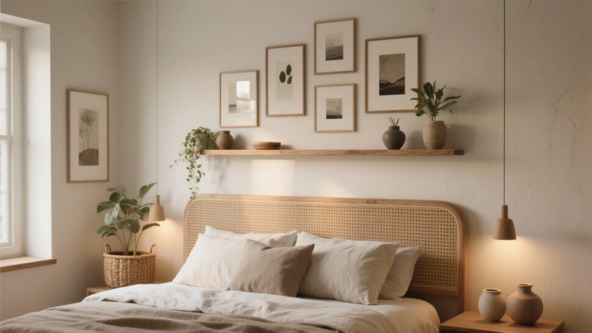 Cozy bedroom with rattan headboard white bedding picture frames wooden shelf and two hanging lights