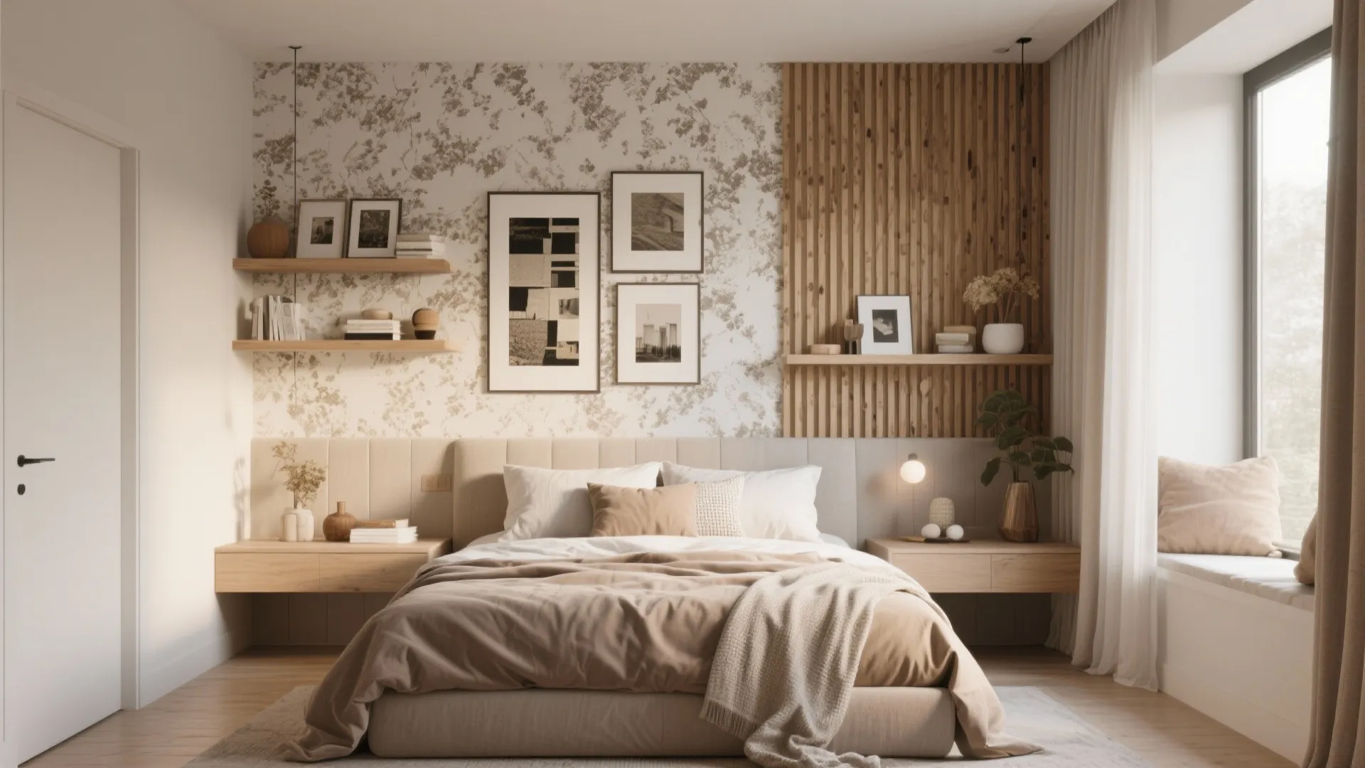 Modern bedroom featuring a patterned wallpaper, wood wall panel, floating shelves, and beige bedding set