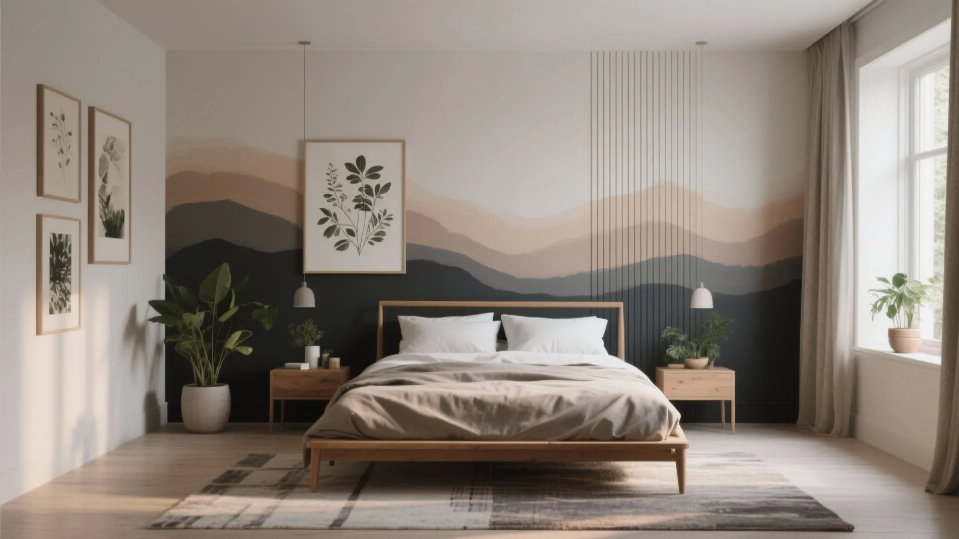Modern bedroom featuring mountain mural wall with wooden bed frame and green plants on nightstands