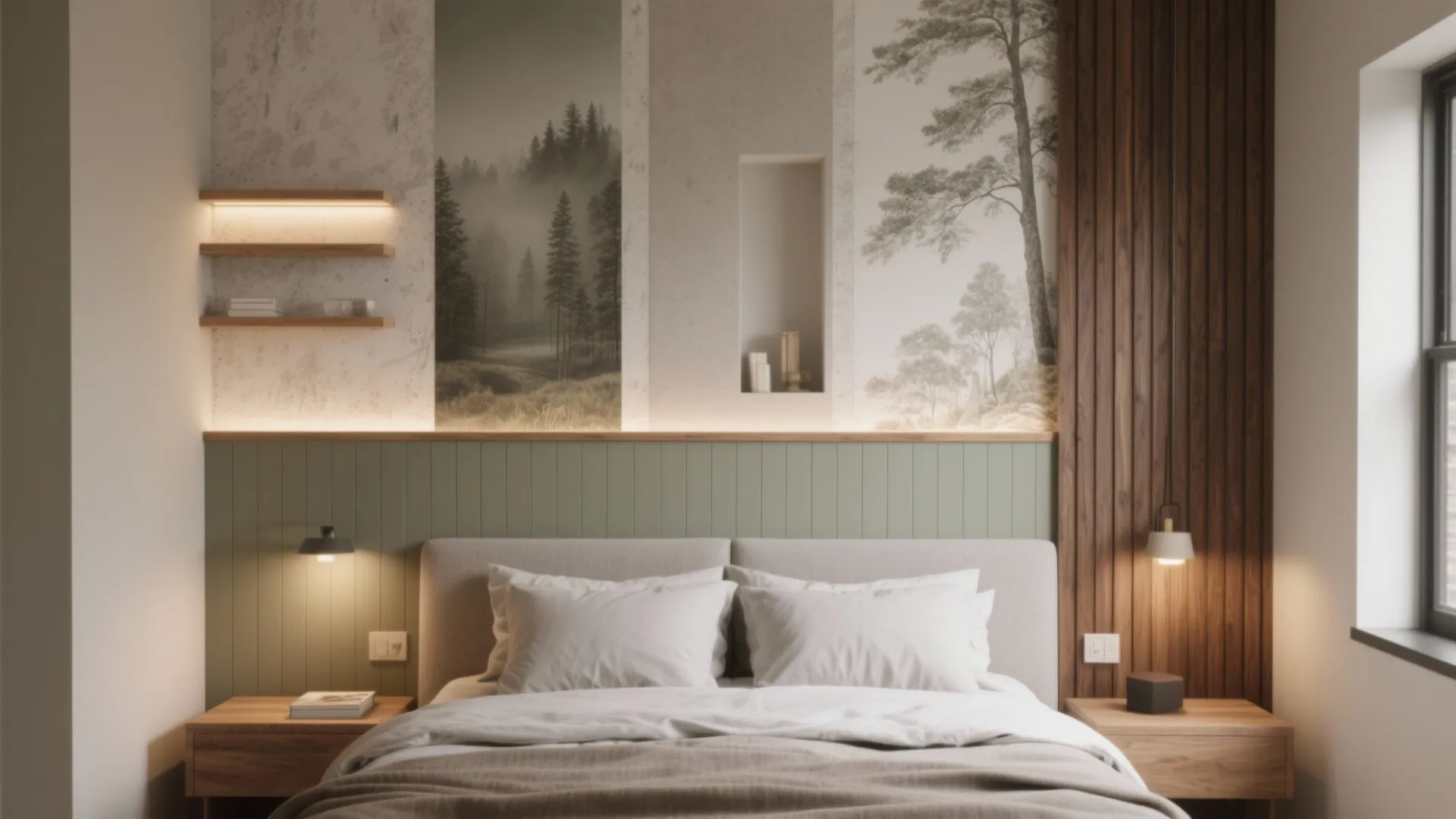 Modern bedroom with green wall panel wooden headboard forest mural wallpaper and warm bedside wall lights
