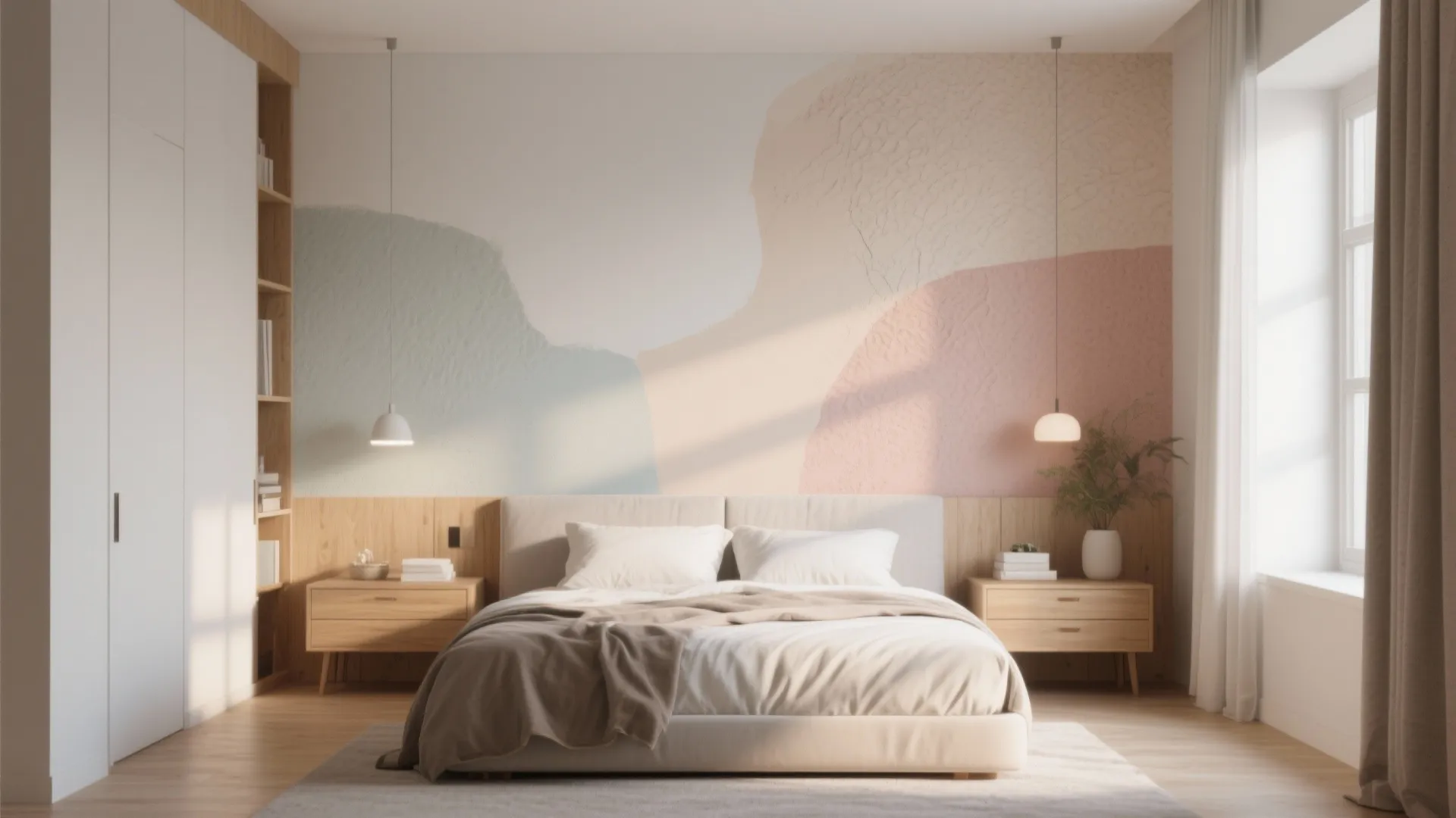 Minimalist bedroom featuring pastel wall paint design with wooden nightstands white bed and hanging ceiling lights