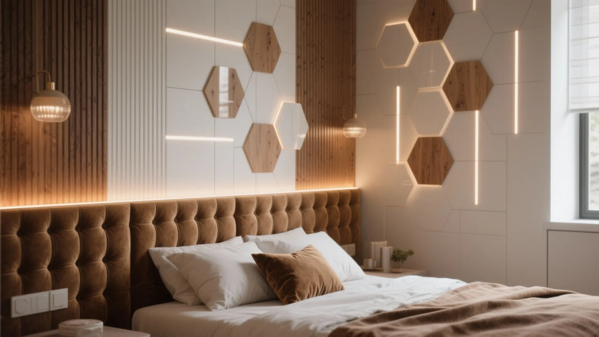 Bedroom with brown velvet headboard and white wall panel featuring hexagon shapes and light strips