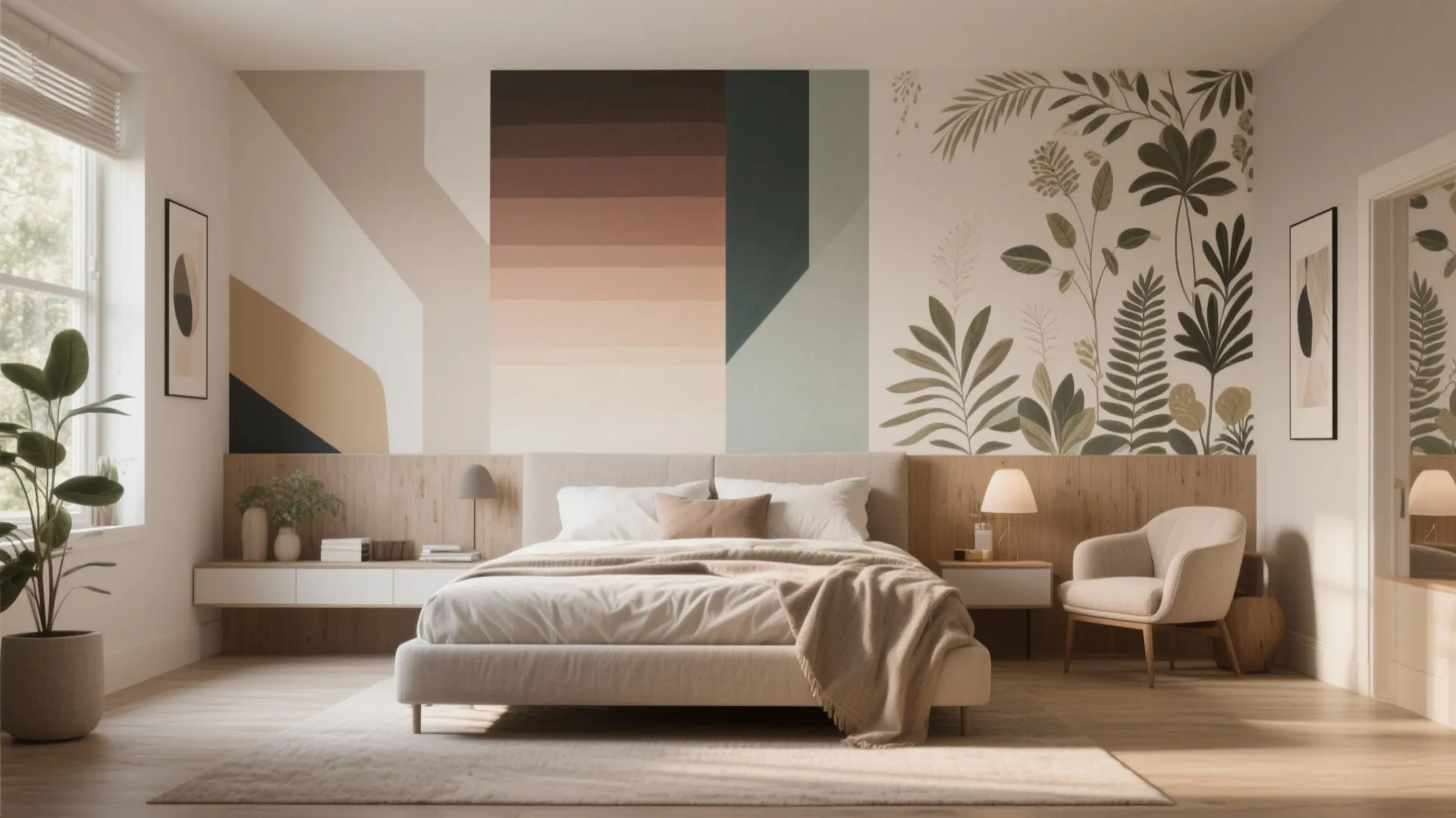Modern bedroom featuring a large wall mural with botanical leaves and geometric color block art designs