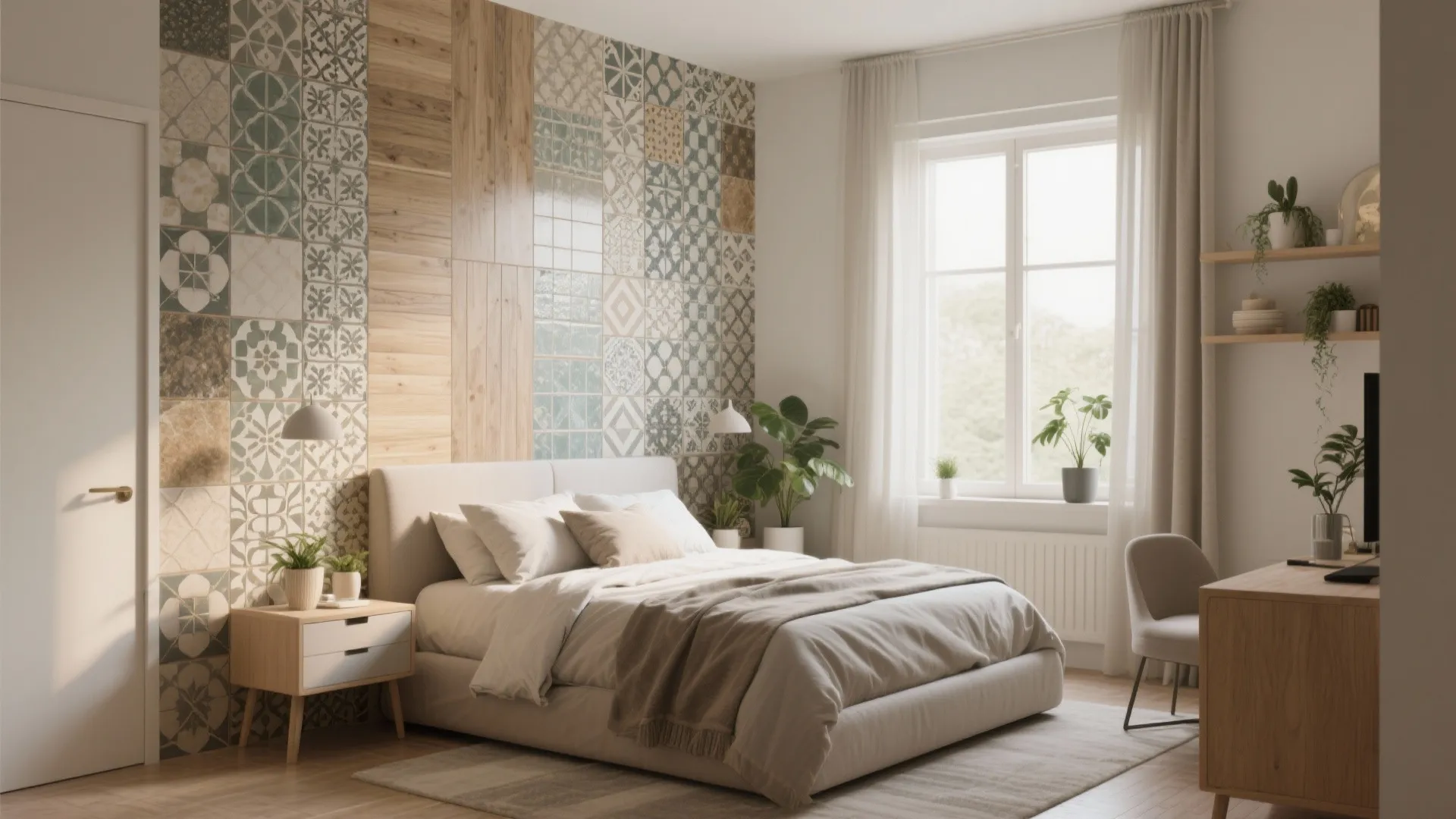 Modern bedroom with decorative patterned wall tiles behind a beige bed with white pillows plants
